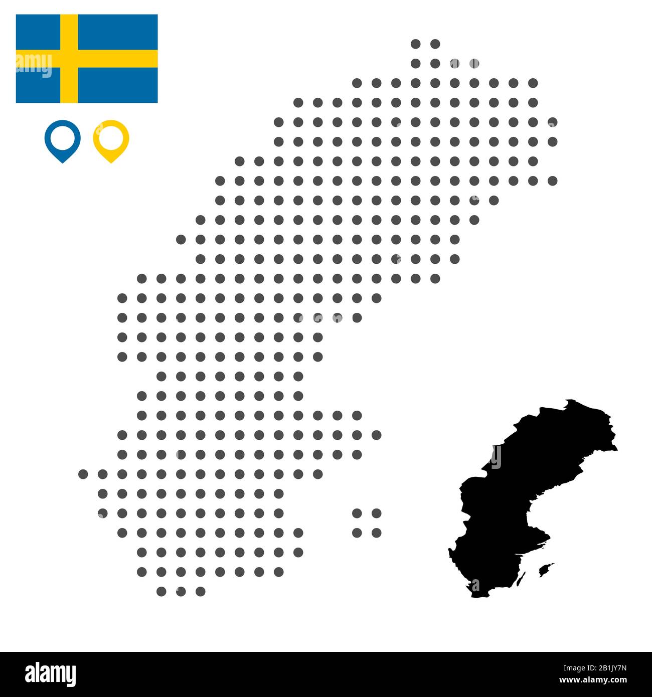 Carte de Suède parsemée de drapeau et de marqueur de carte. Illustration vectorielle. Conception de sites Web, papier peint, dépliants, séquences vidéo, affiches, brochures, bannières. Illustration de Vecteur