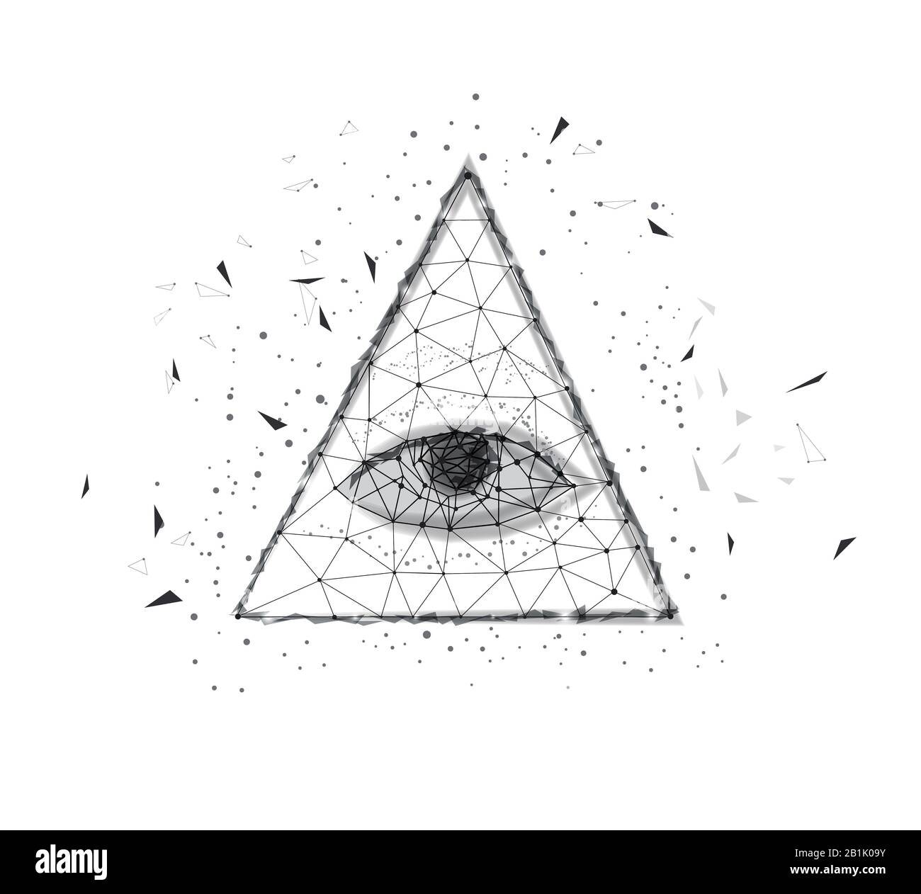 Œil polygonal dans la pyramide d'une facture d'un dollar. Dollar USA, pyramide, oeil de Providence. Illustration en noir et blanc. Poly faible Concept d'affaires Banque D'Images