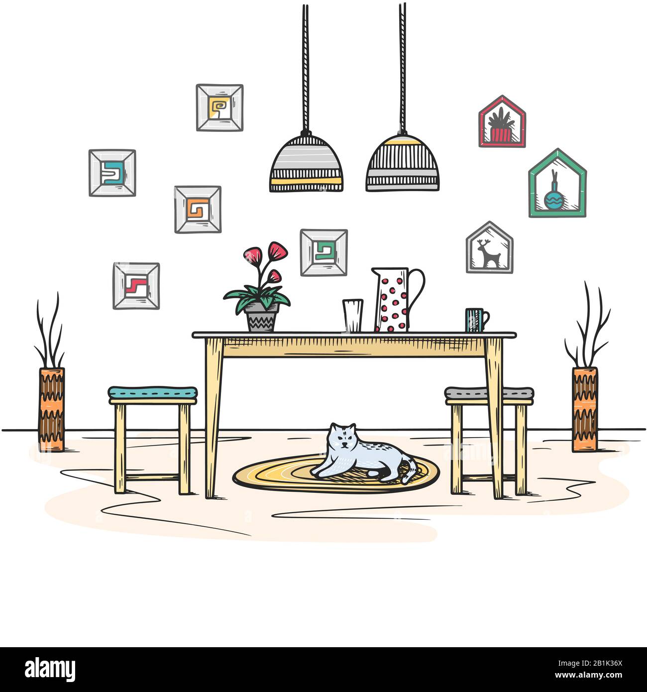 Esquisse salle à manger dans le style boho. Mobilier et de nombreux éléments différents de l'intérieur. Illustration vectorielle. Illustration de Vecteur