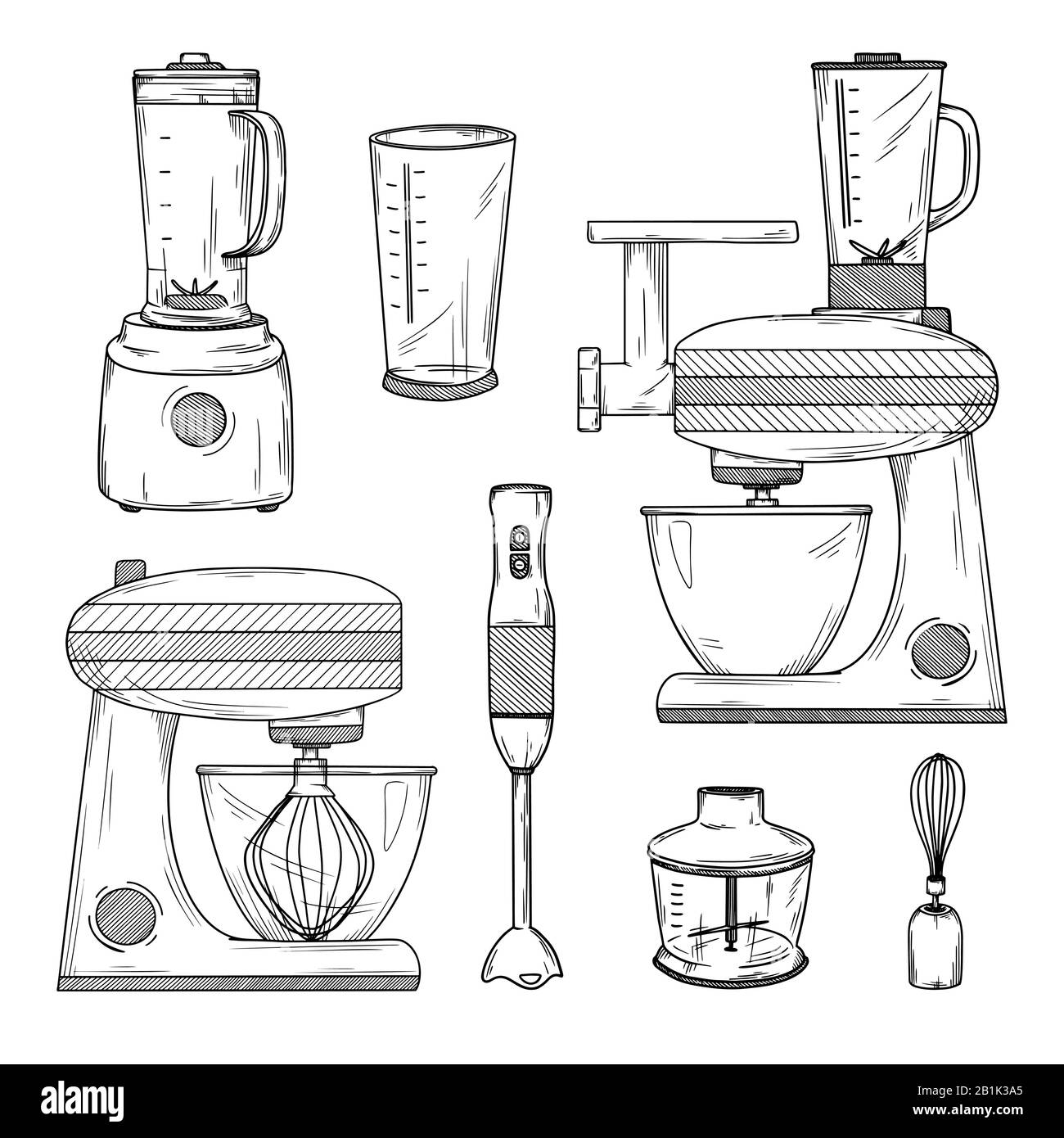 Grand ensemble de divers mélangeurs et robot de cuisine. Illustration vectorielle Illustration de Vecteur