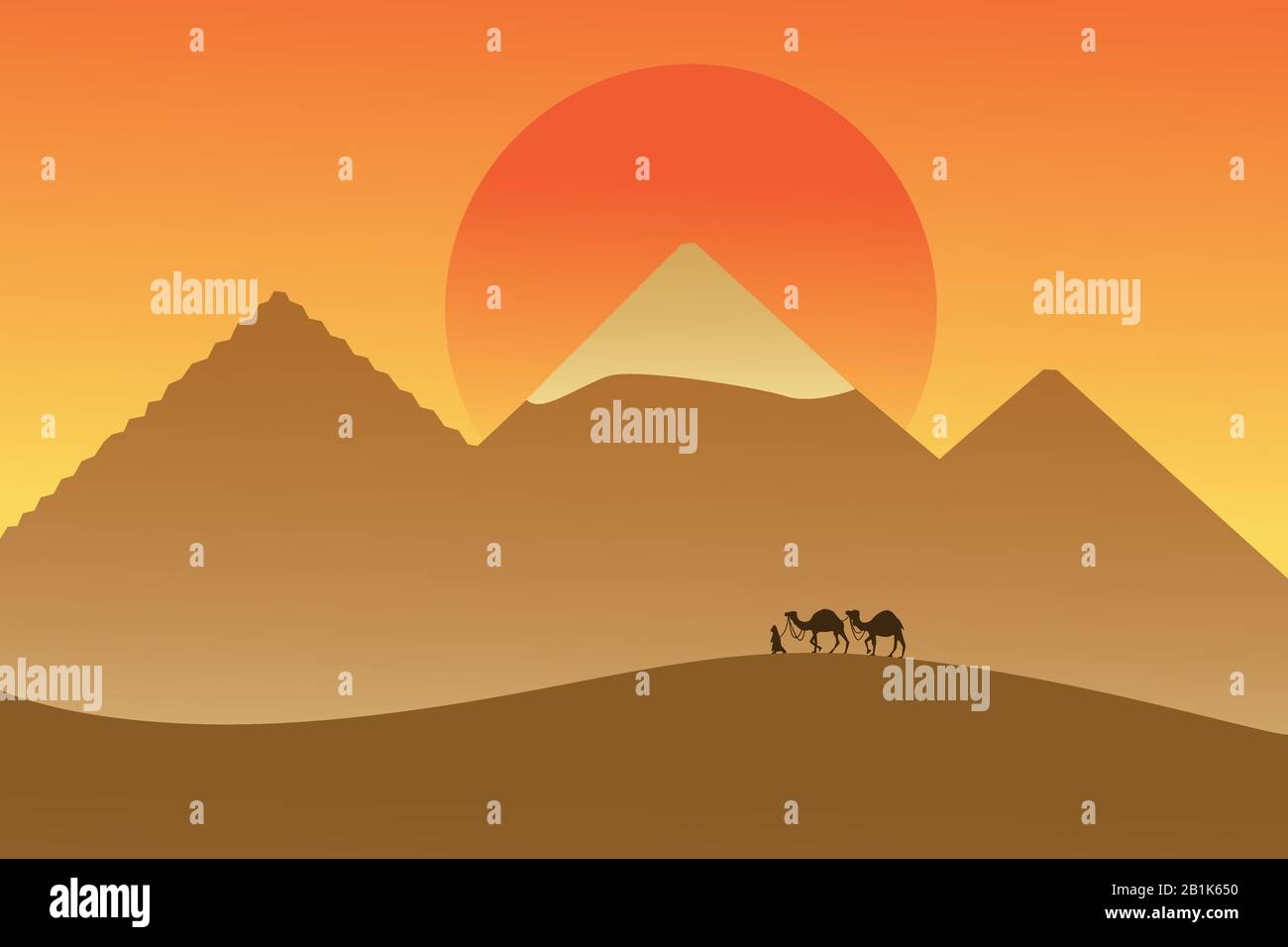 Caravane dans le désert à l'arrière-plan des pyramides et du soleil. Illustration vectorielle dessinée à la main moderne, style plat. Bedouin marchant avec deux chameaux dans le désert, et Illustration de Vecteur