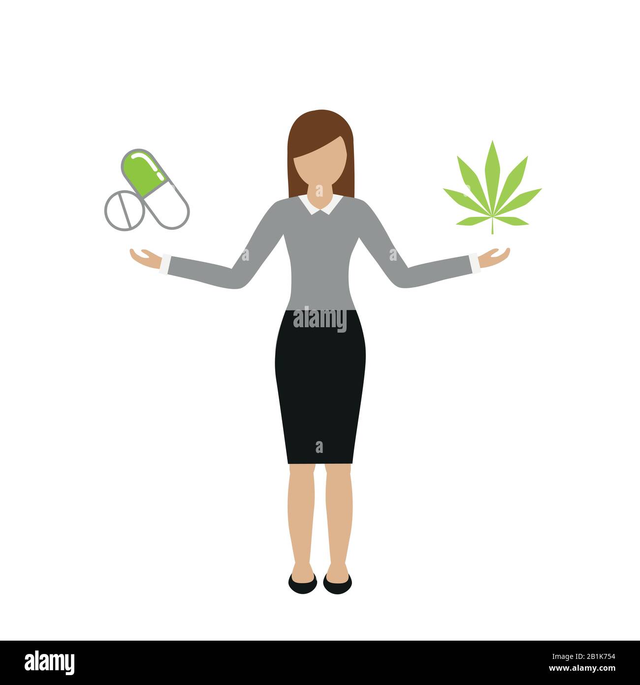 La femme tient des comprimés dans une feuille de cannabis et dans l'autre main illustration vectorielle EPS10 Illustration de Vecteur