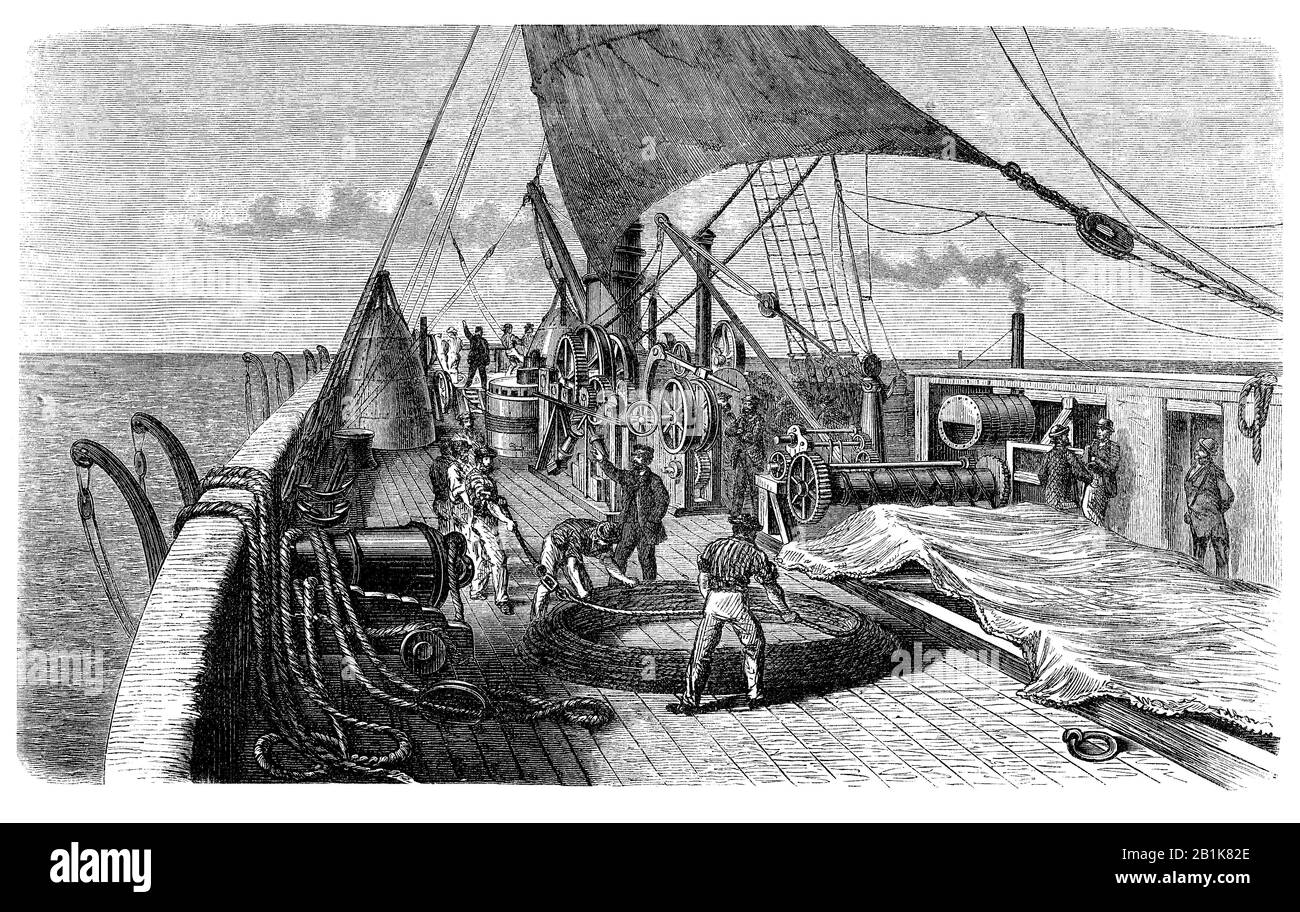 Travail sur bord pour remplacer et installer des câbles de communication sous-marins Banque D'Images