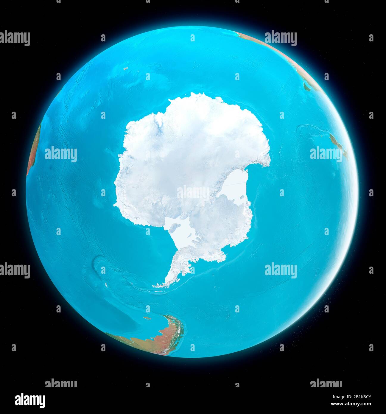 Carte du pôle Sud. Antarctique, glace, fonte, changement climatique. Urgence climatique. Expédition scientifique. Vue satellite du globe. rendu tridimensionnel Banque D'Images