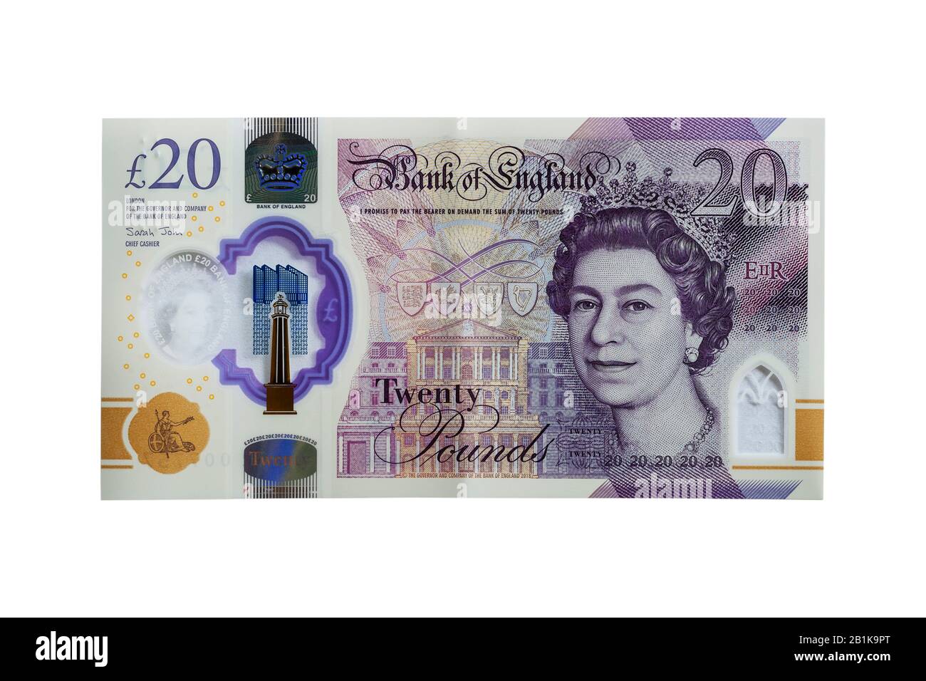 Une nouvelle note en plastique de 20 £ sur un fond blanc Banque D'Images
