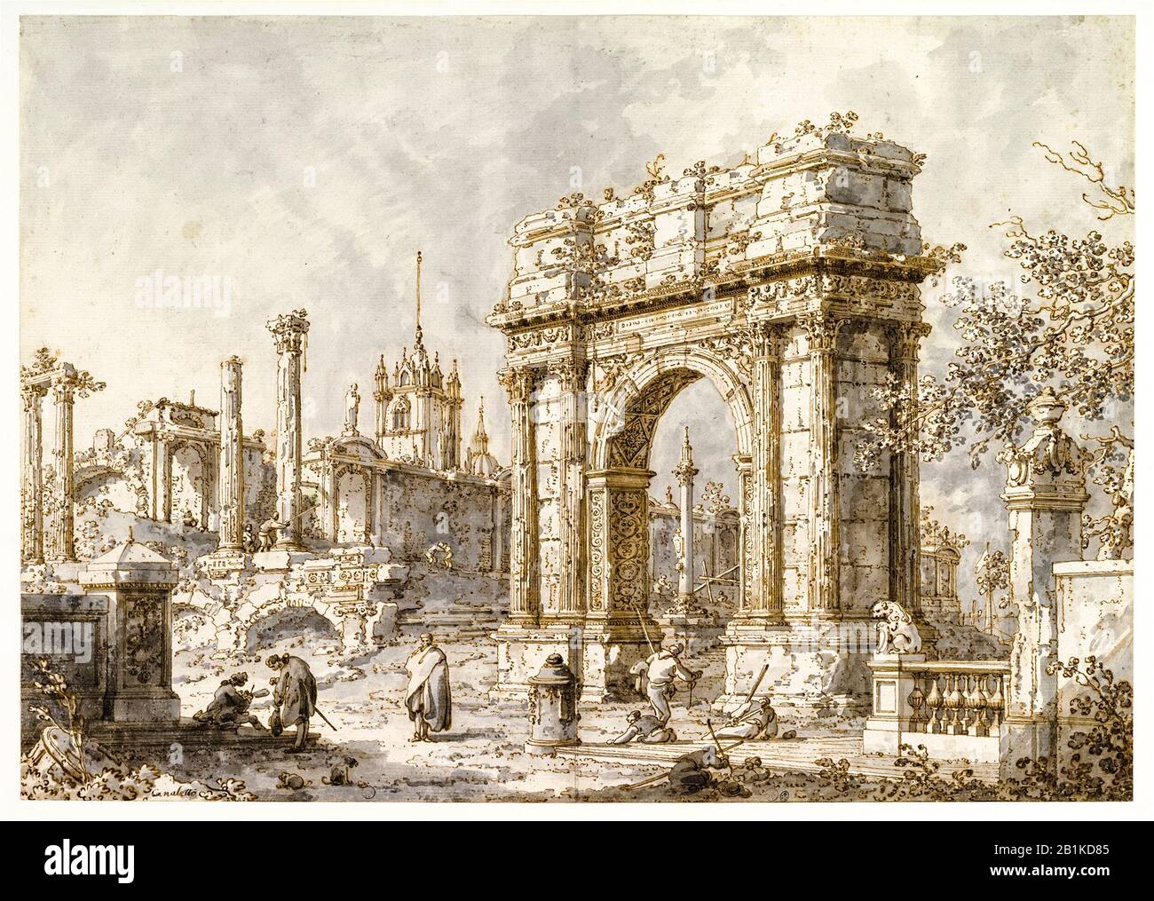 Canaletto, dessin, Capriccio avec une Arche romaine de Triumphal, 1720-1730 Banque D'Images