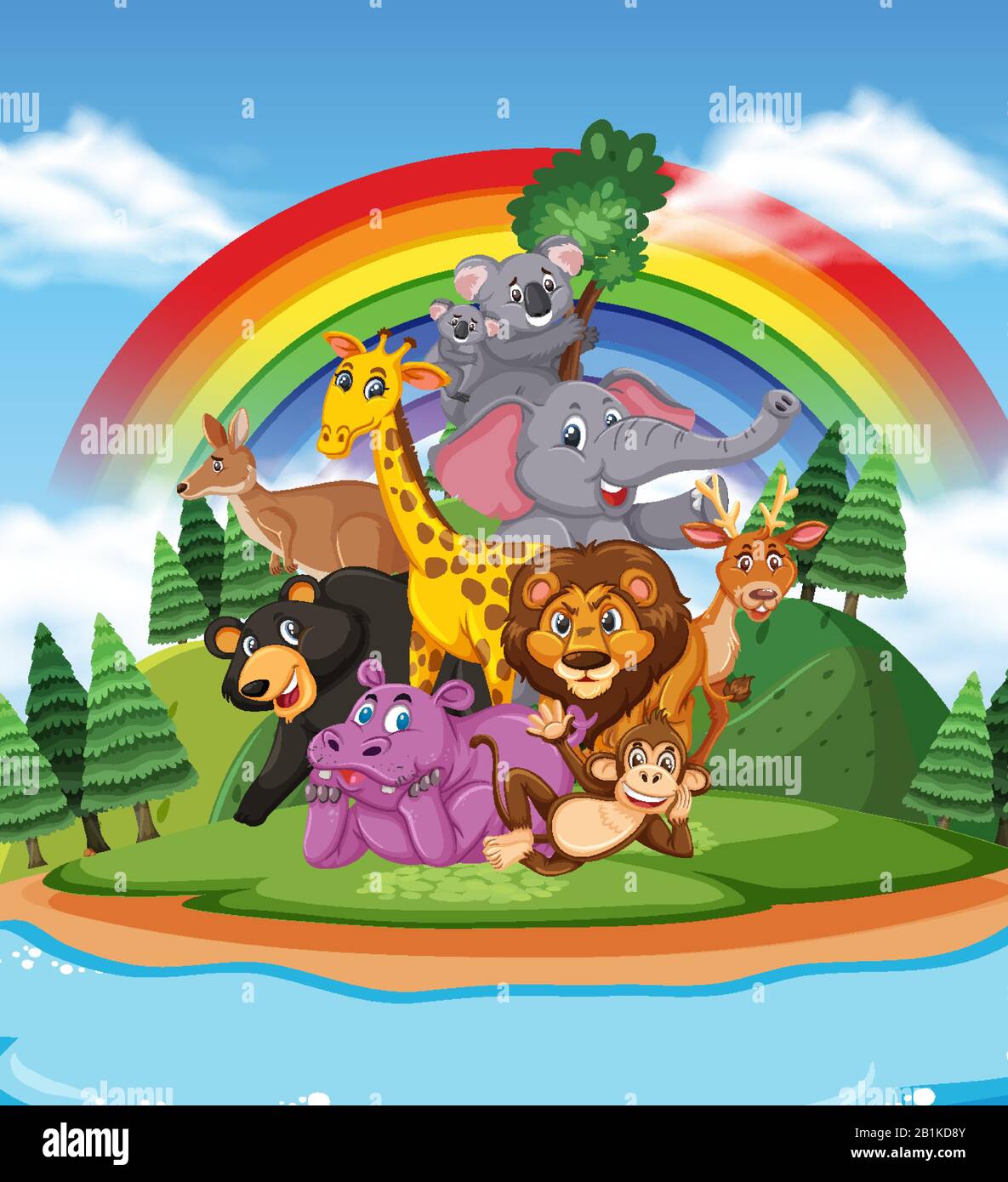 Scène avec beaucoup d'animaux par la rivière illustration Illustration de Vecteur