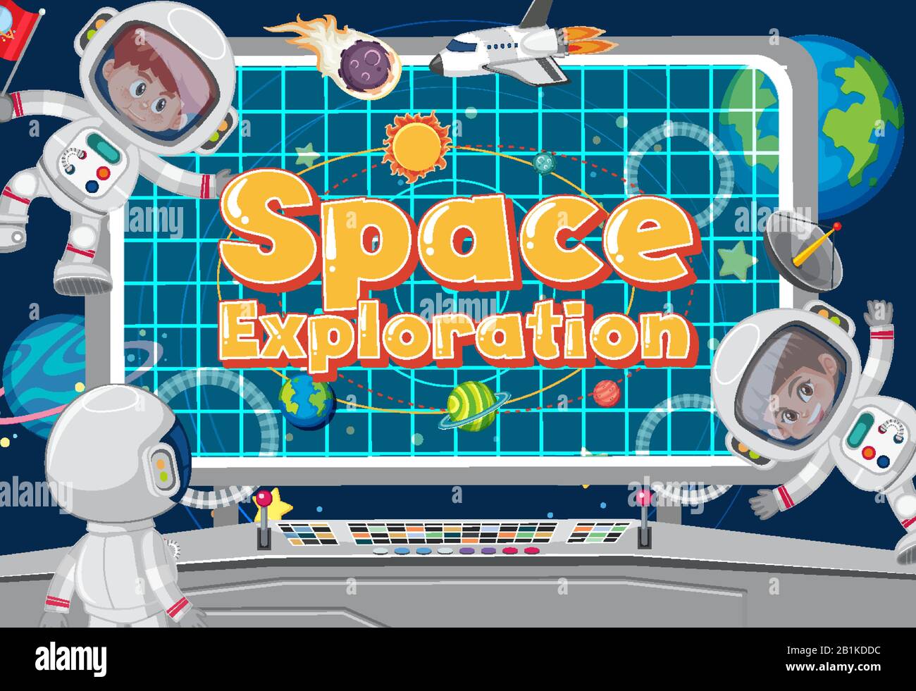 Affiche avec les astronautes qui volent dans l'illustration de la salle de contrôle Illustration de Vecteur
