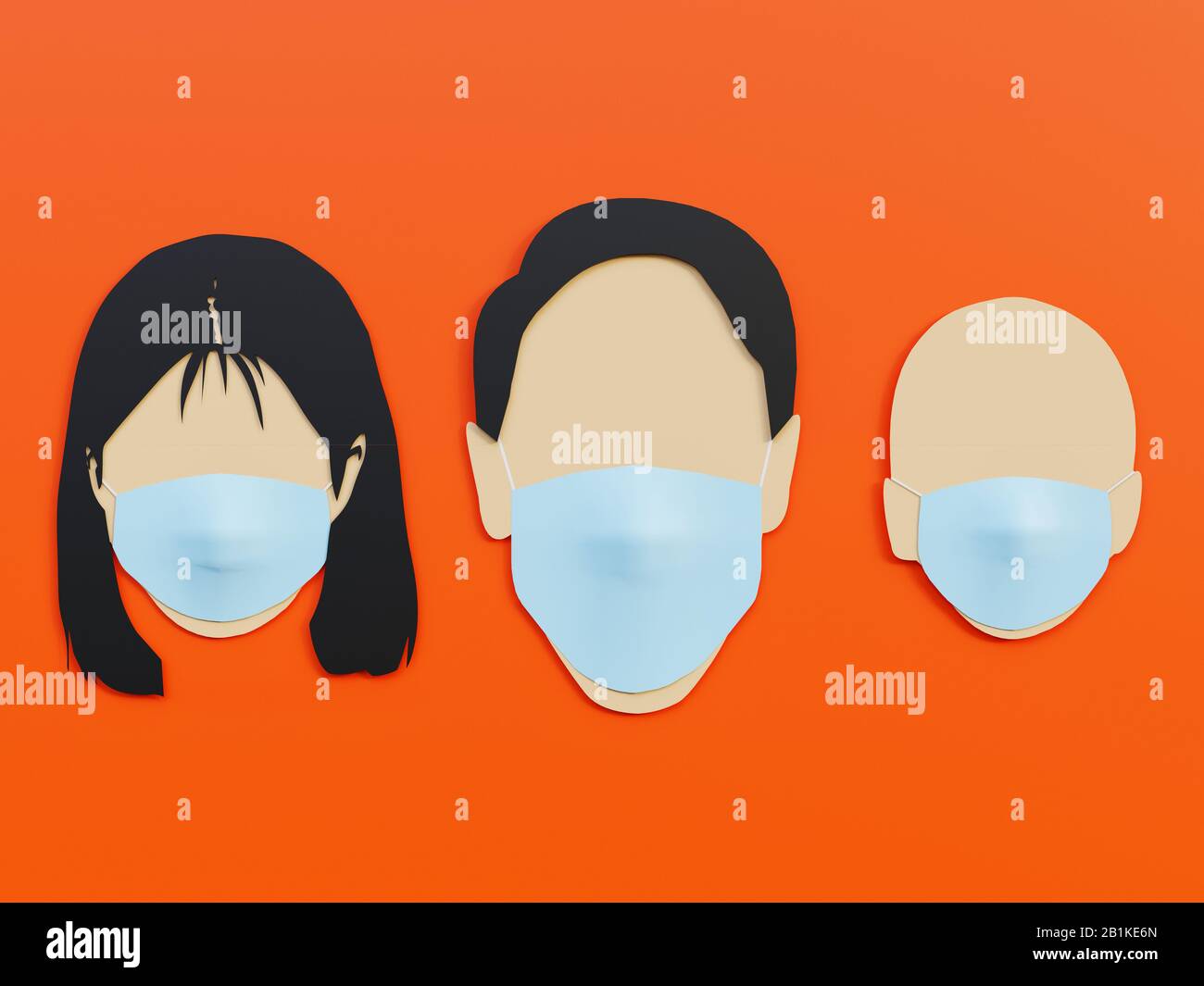 Famille, hommes femme et bébé portant un masque médical comme protection dans Lava Orange fond avec un concept minimaliste - 3D Rendering concept Banque D'Images