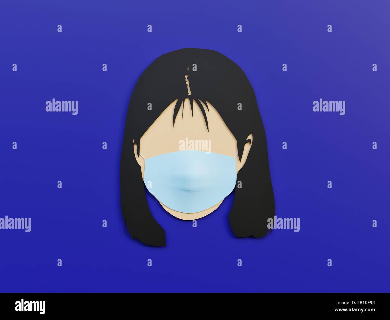 Femme portant un masque médical comme protection dans le fond Phantom Blue avec un concept minimaliste - 3D Rendering concept Banque D'Images