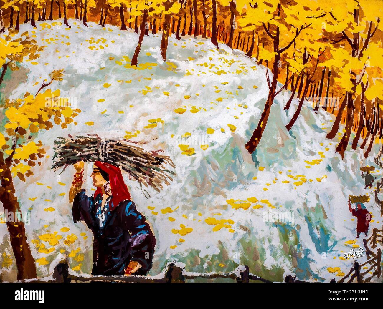 Peinture numérique: "Kashmiri femmes transportant des bois de feu" Cette peinture a été faite par mon père feu C. L. Sharma, "Tuliki" a travaillé à L'Hindustan Times. Banque D'Images