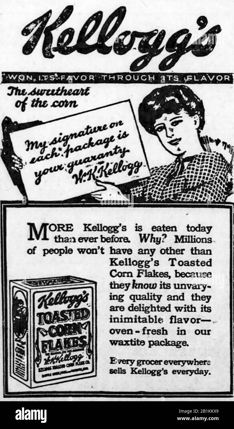 Publicité sur les FLOCONS DE MAÏS Kelloggs vers 1908 Banque D'Images