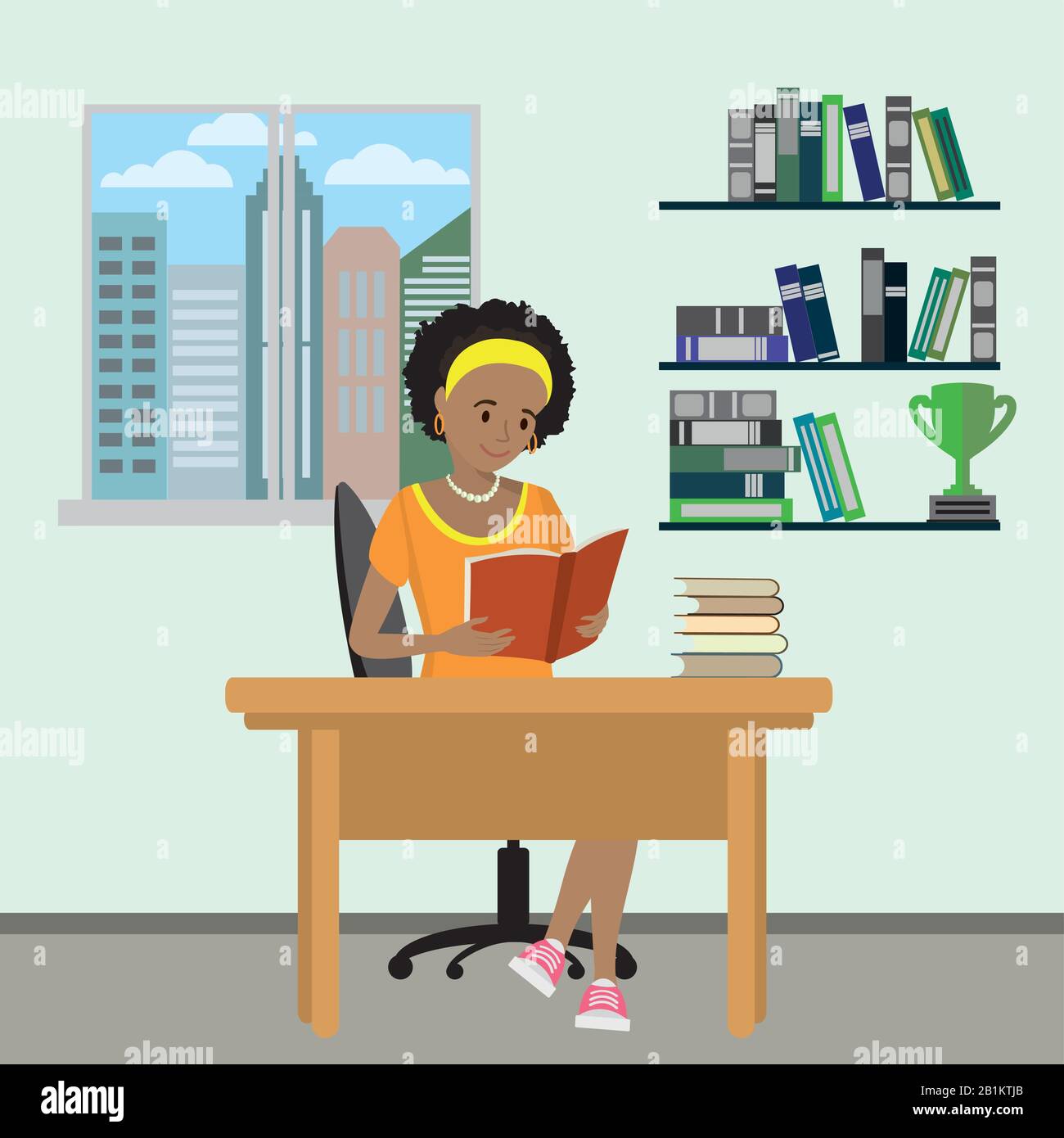 Dessin animé femelle adolescent lire livre,étude à la maison, design intérieur avec meubles, illustration vectorielle plate Illustration de Vecteur