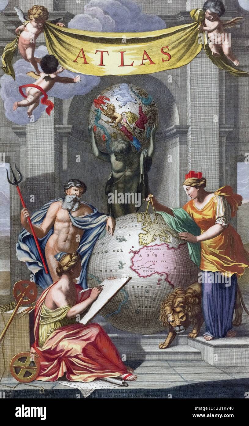 Page de titre d'un atlas de Reiner Ottens intitulé Atlas maior cvm generales omnivm totivs orbis, publié à Amsterdam, 1729. Les figures représentent, du haut et du sens des aiguilles d'une montre, Atlas, Cybele, la Déesse de la terre, la géographie et Neptune, le Dieu des mers. Banque D'Images
