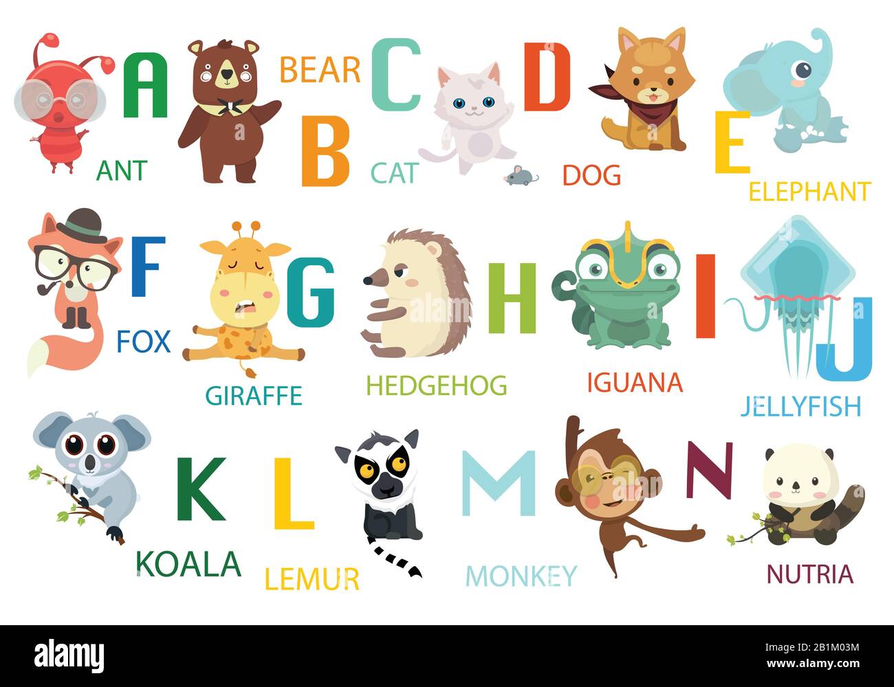 Joli zoo vectoriel alphabet avec animaux dans le style de dessin animé. Illustration de Vecteur