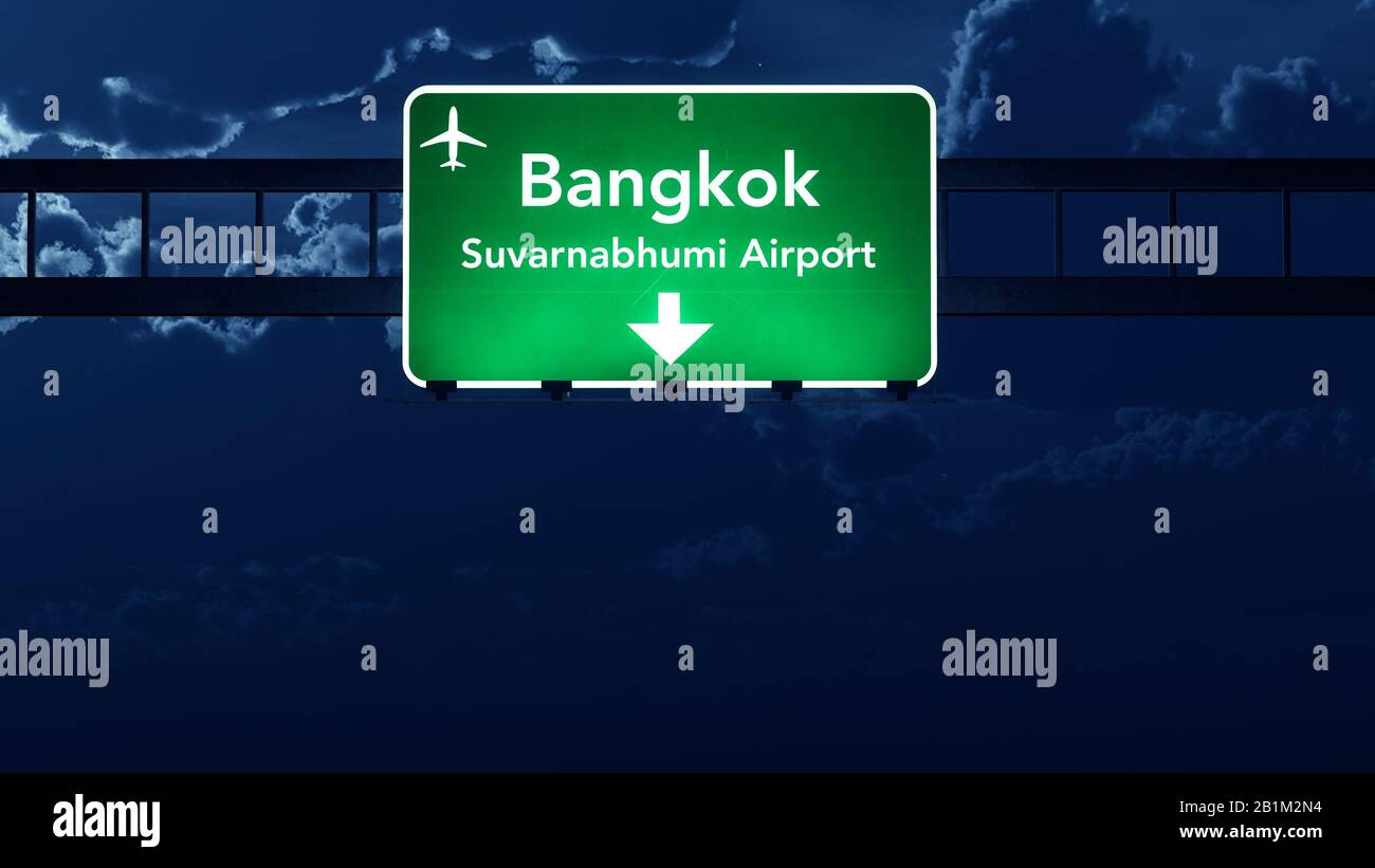 Bangkok Thaïlande Airport Highway Road Sign At Night 3 Illustration Banque D'Images