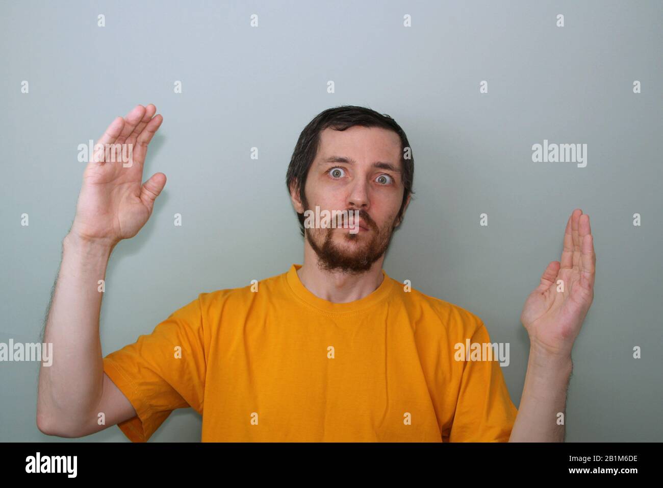 Un homme d'âge moyen avec une moustache et une barbe brunette dans un T-shirt jaune sur fond gris montre quelque chose de grand entre les paumes des mains se répandant les mains devant lui. Banque D'Images