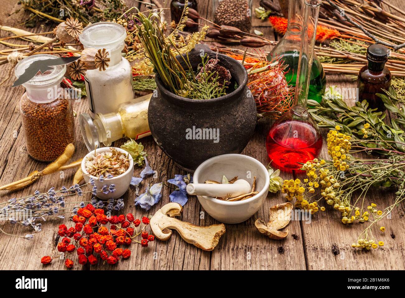 Laboratoire des sorcières. Équipement alchimique, traitement apothécaire. Mortier et pilon, bouteilles, poudres, herbes sèches. Concept Halloween, vieux panneaux en bois b Banque D'Images