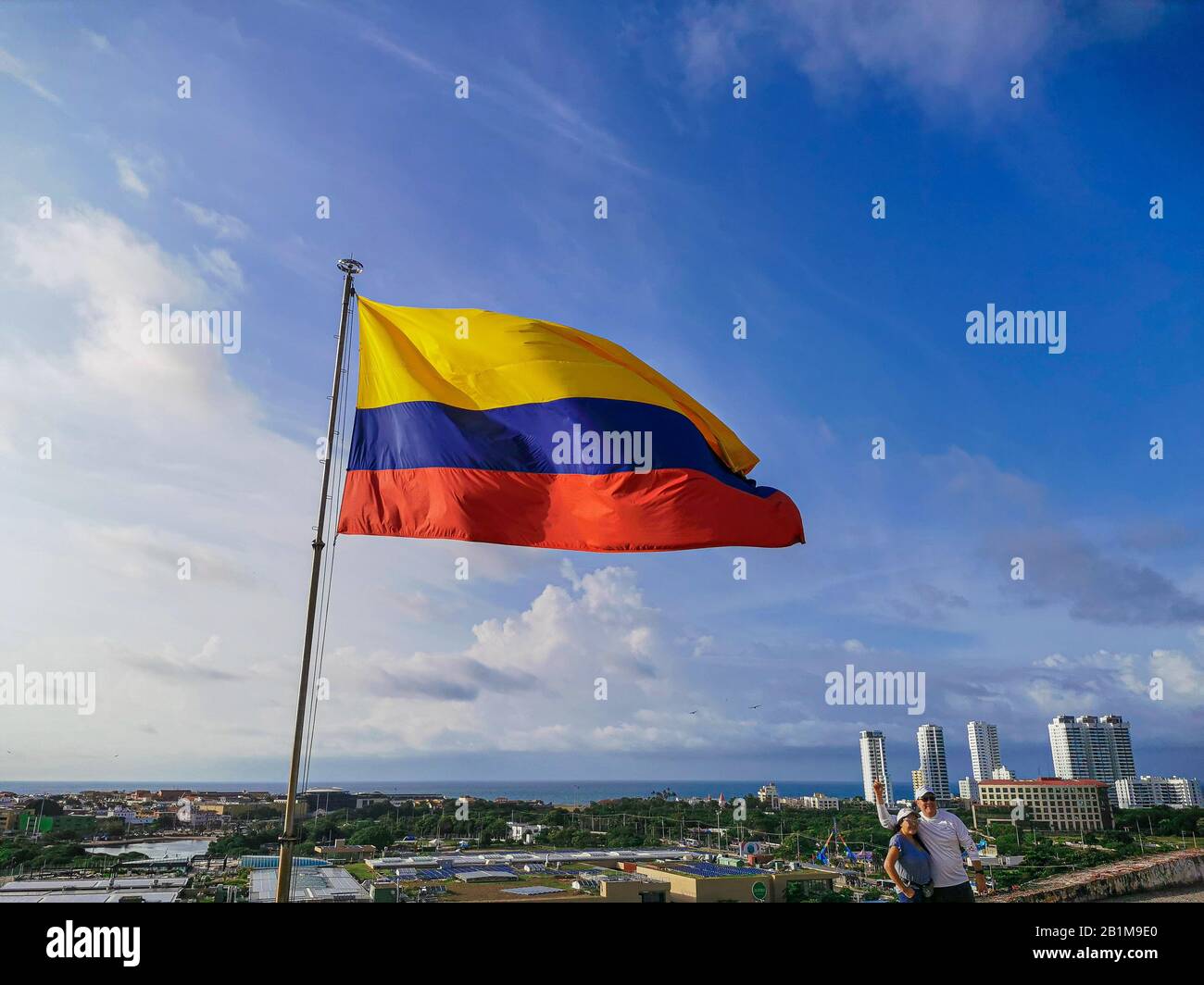 Drapeau au château de Castillo de San Felipe de Barajas à Cartagena de Indias, Colombie. Banque D'Images
