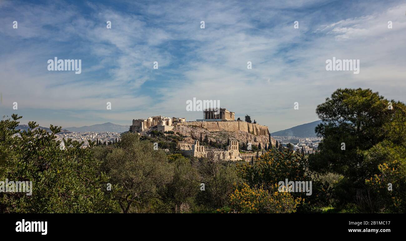 Athènes Acropole et temple du Parthénon, Grèce. La vue panoramique de la Grèce antique reste vue depuis Philopos ou la colline de Filopapos. Paysage urbain D'Athe Banque D'Images