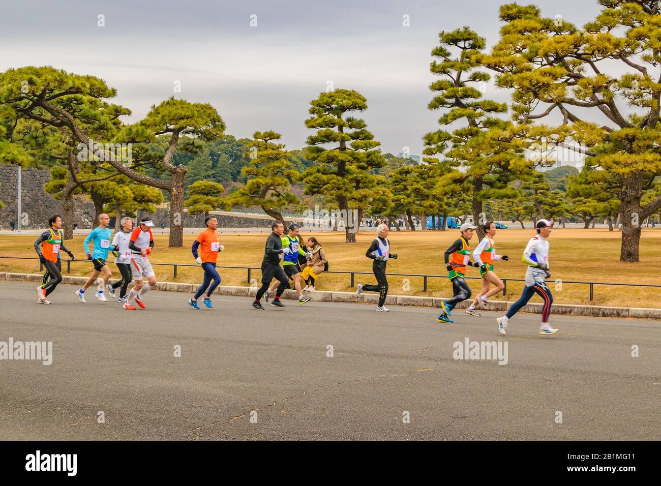 Tokyo, JAPON, JANVIER - 2019 - hommes âgés qui se trouvent dans le palais impérial extérieur du quartier de chiyoda, tokyo, japon Banque D'Images