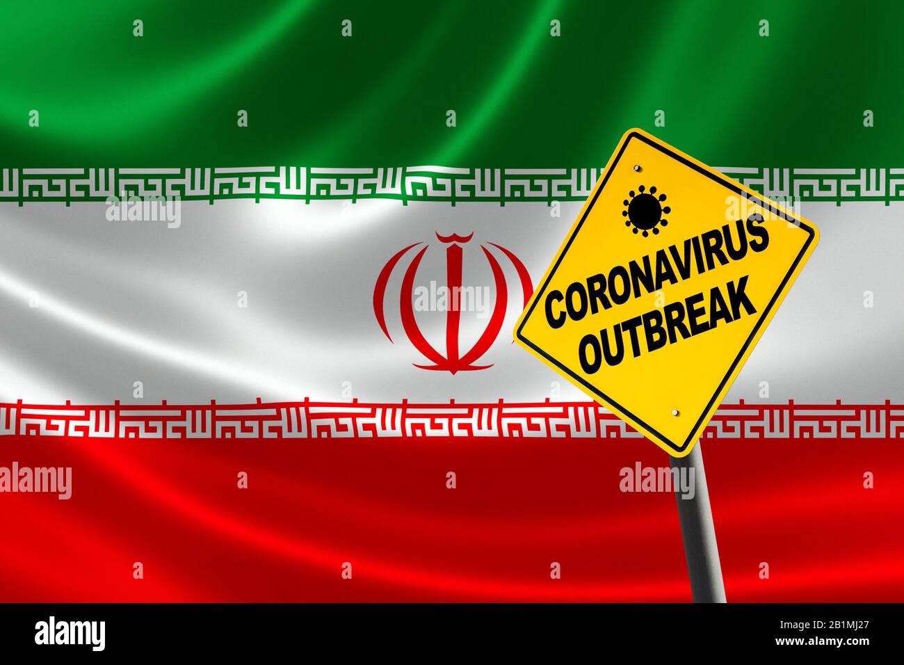 Avertissement de l'éclosion de coronavirus COVID-19 contre le drapeau iranien. Banque D'Images