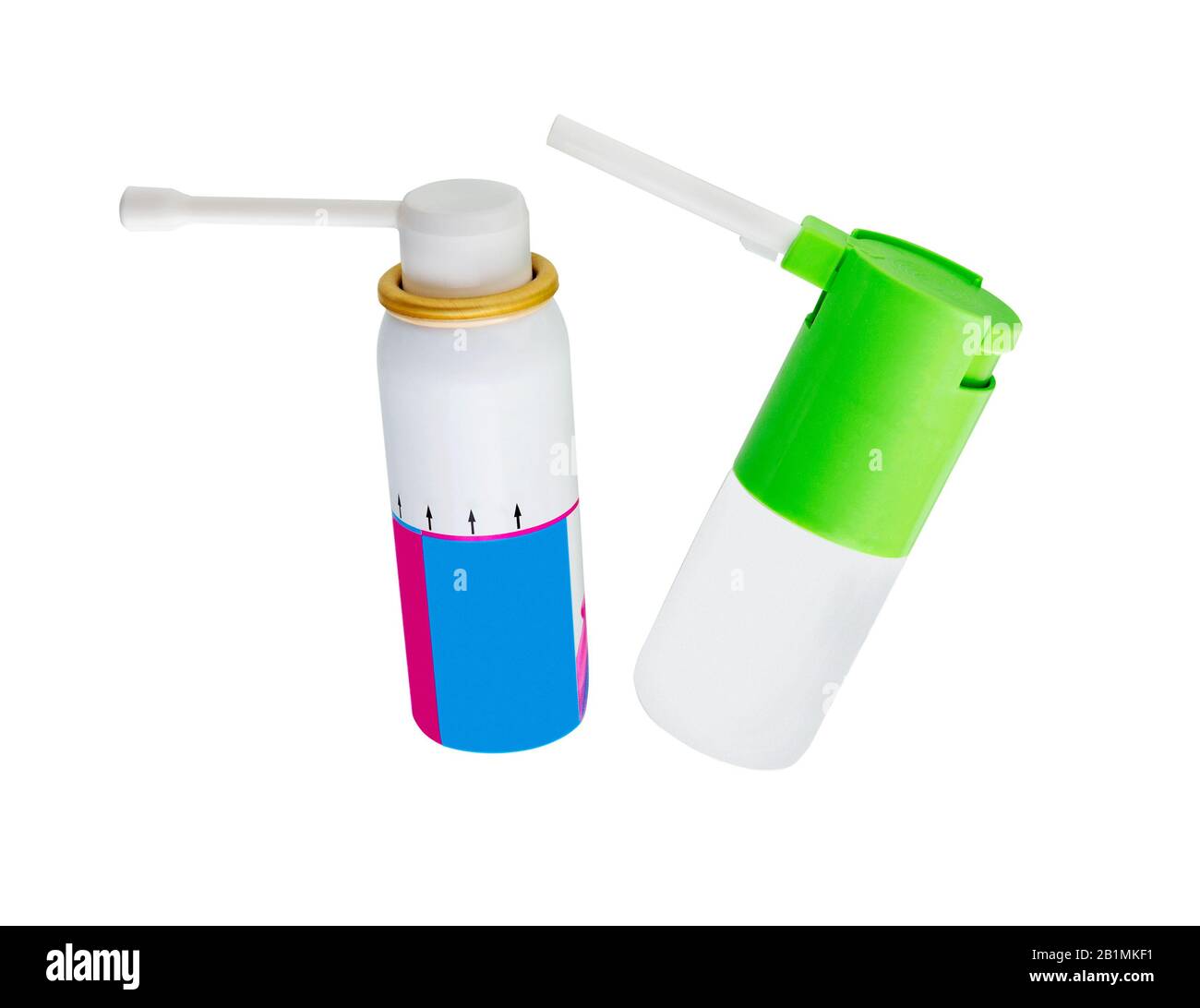 Spray de gorge médicinal. Vaporisateur pour aérosols isolés sur fond blanc. Banque D'Images