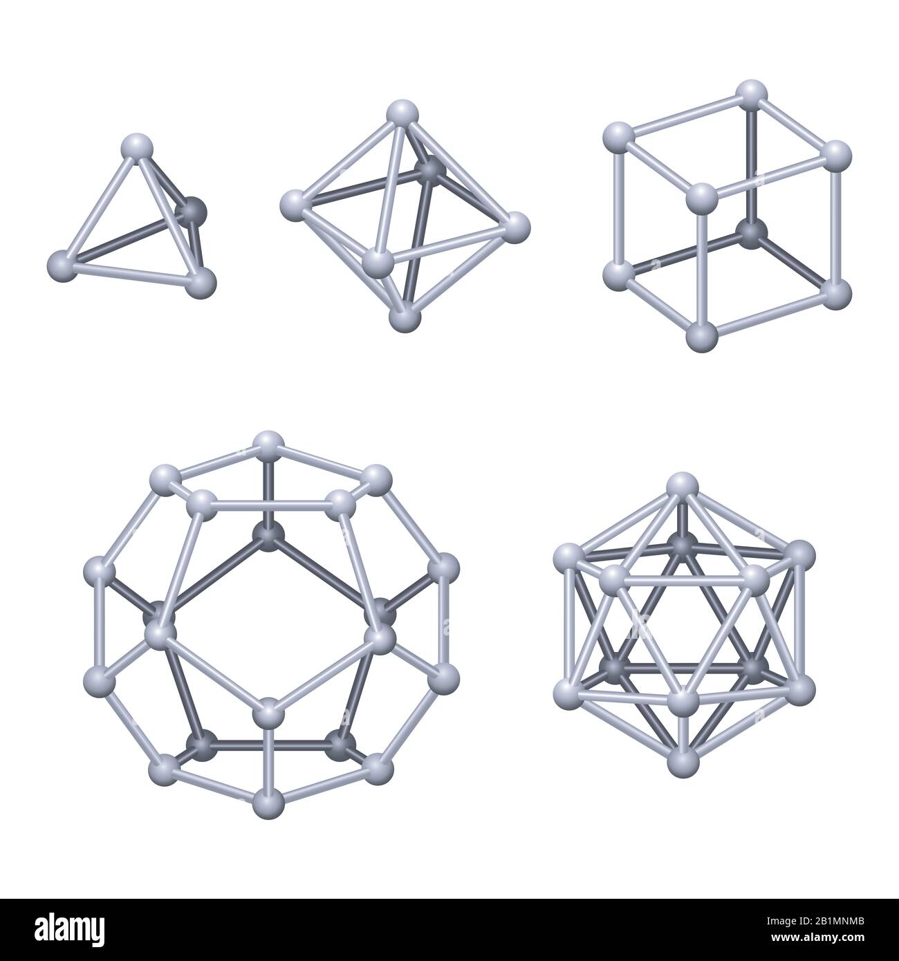 Solides platoniques de couleur grise. Polyèdres convexes réguliers dans un espace tridimensionnel avec le même nombre de faces identiques se trouvant à chaque sommet. Banque D'Images