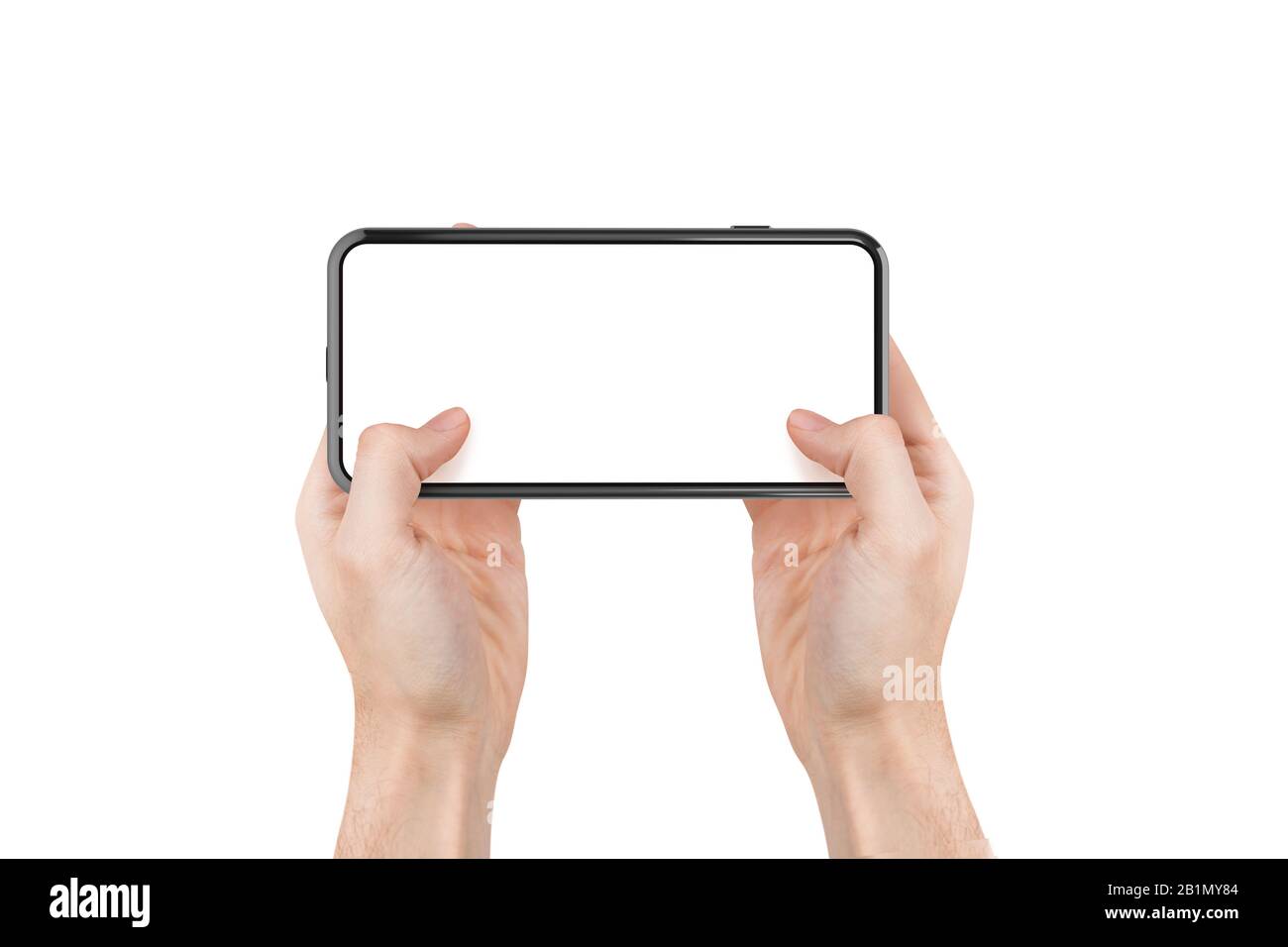 rendu en trois dimensions, image maquette simple d'un smartphone plein écran de nouvelle génération avec modèle d'écran blanc blanc, tenue à la main. Banque D'Images