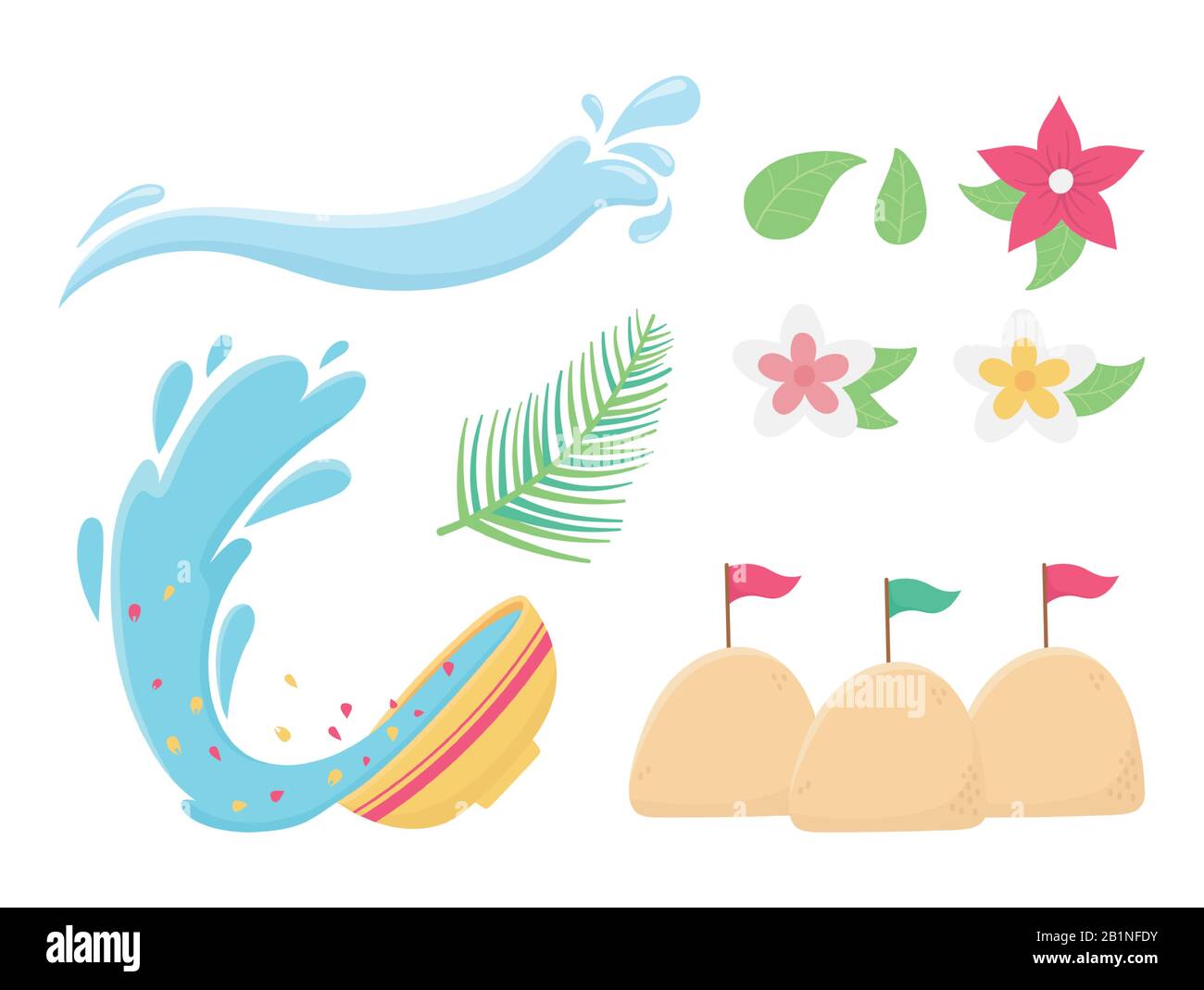 songkran festival splash water bowl fleurs feuillage sable palais drapeaux icônes illustration vectorielle Illustration de Vecteur