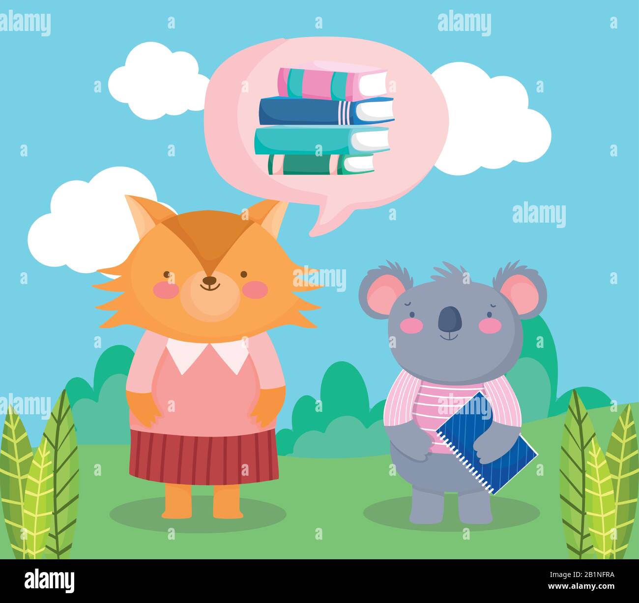 retour à l'école, des livres de koala de renard avec illustration vectorielle de bande dessinée de bloc-notes Illustration de Vecteur