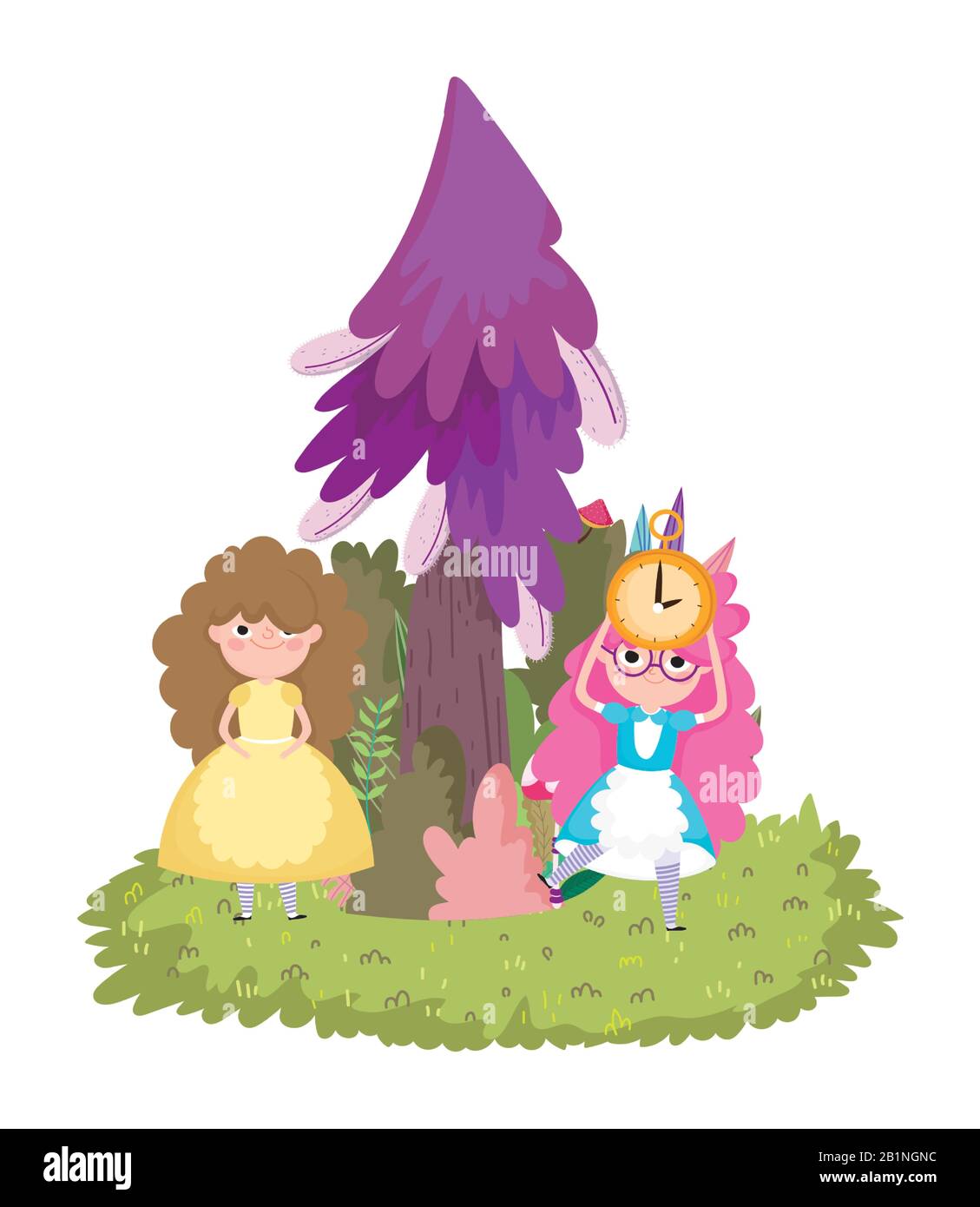 girl horloge pin arbre herbe dans l'illustration vectorielle de dessin animé de pays merveilleux Illustration de Vecteur