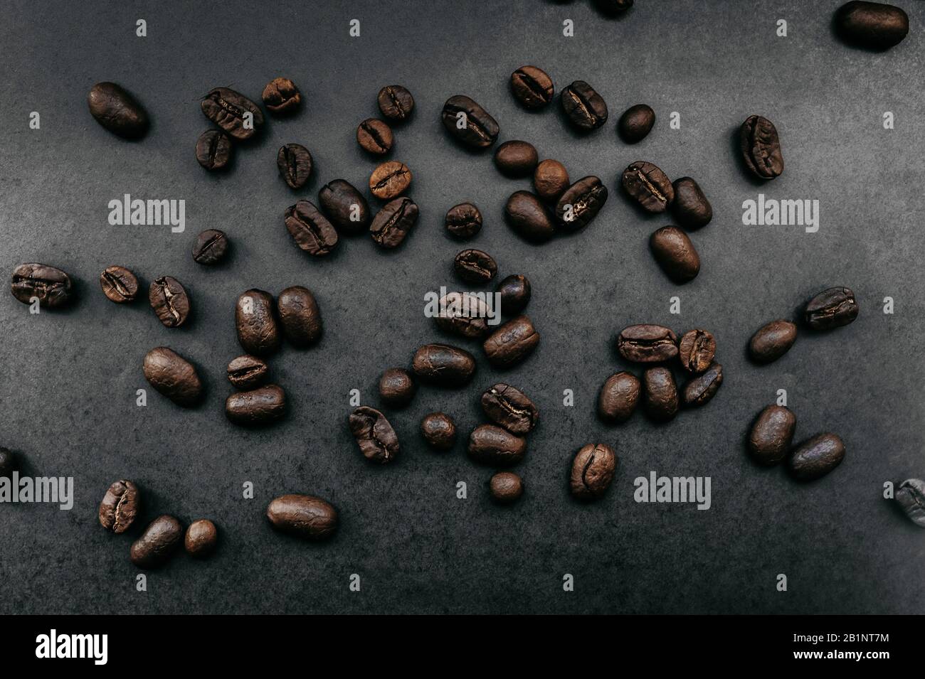 grains foncés frits dispersés de café arabica sur un fond uniforme dans le style de noir total minimal Banque D'Images