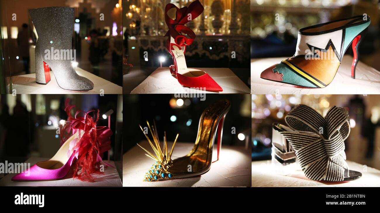 Paris, créateur français de chaussures Christian Louboutin à l'ouverture de  son exposition au Palais de la porte Doree à Paris. 26 juillet 2020. Photo  combinée prise le 26 février 2020 montre des