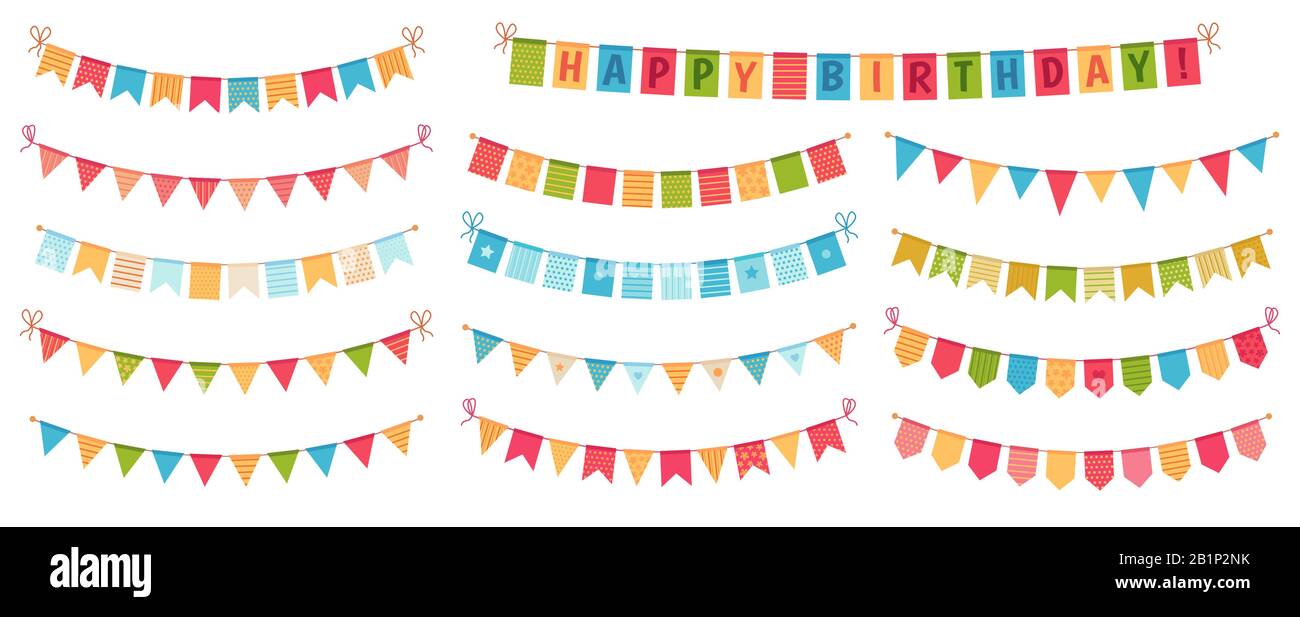 Petits Pains Pour La Fete Drapeaux Triangulaires En Papier Couleur Collectes Et Drapes Dans Des Guirlandes Heureux Anniversaire Boutures Scenario De Dessin Anime Ensemble Image Vectorielle Stock Alamy