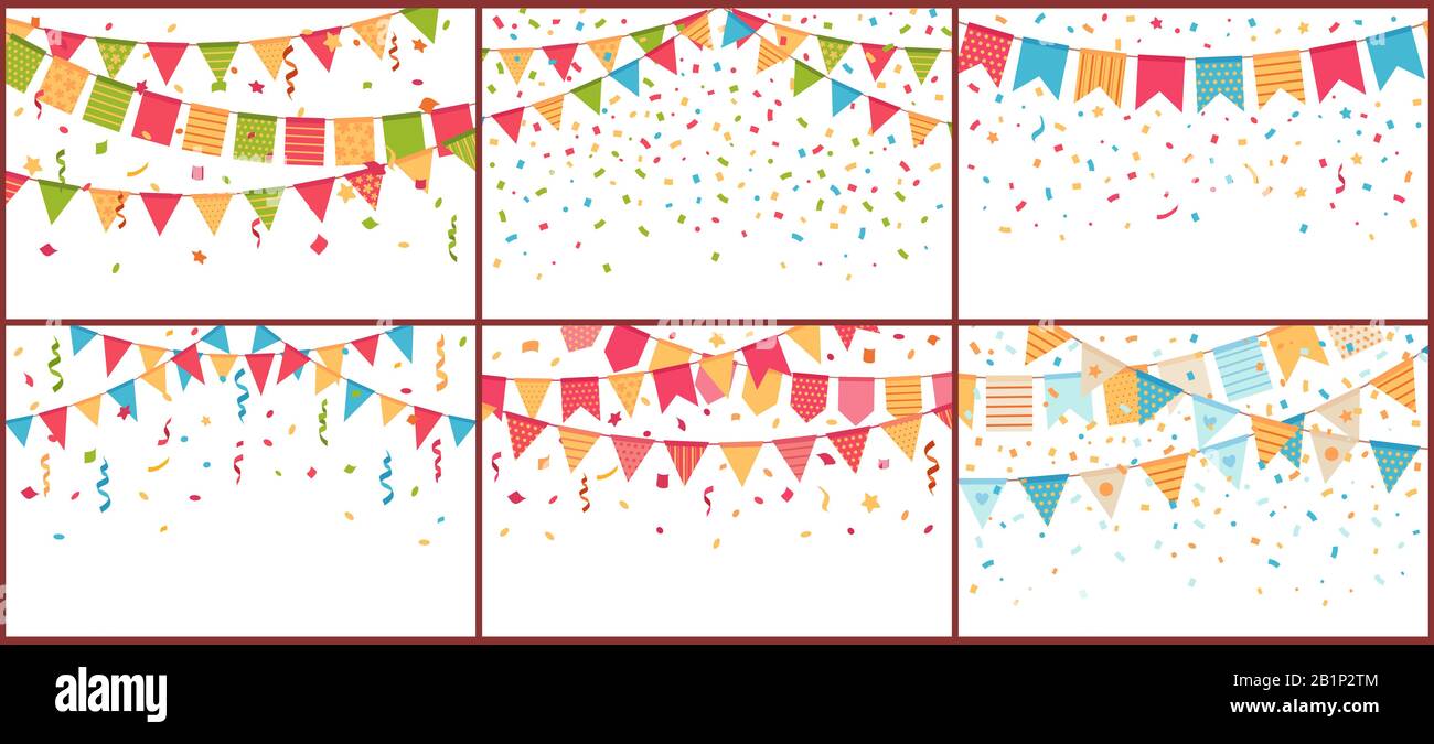 Fete D Anniversaire Banting Et Confetti Banderoles En Papier Couleur Explosion De Confettis Et Drapeaux De Boutures Fond Vectoriel De Dessin Anime Image Vectorielle Stock Alamy