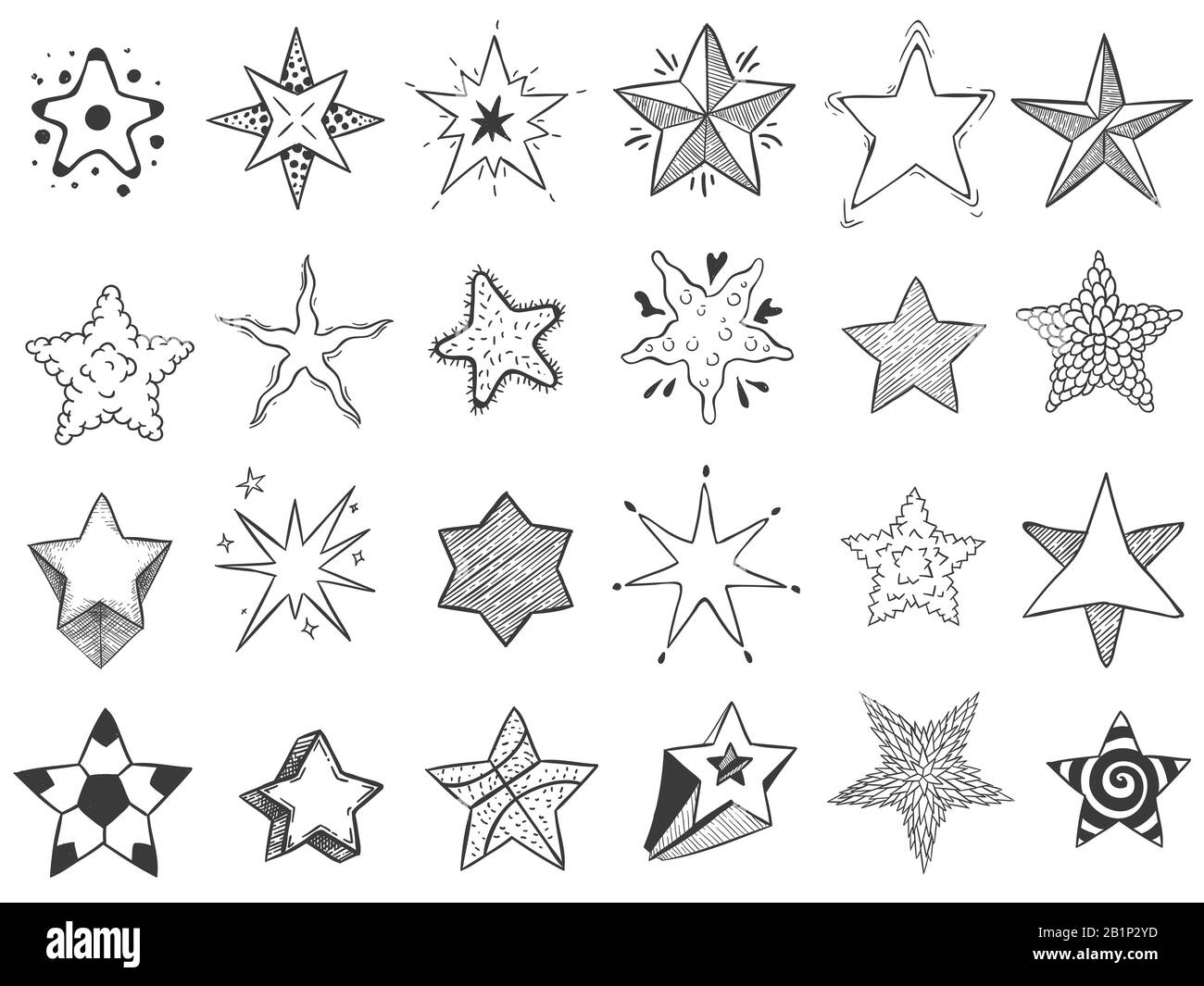 Esquissez des étoiles. Forme d'étoile à motif caniche, jolie étoile dessinée à la main et ensemble vectoriel d'étoiles de notation Illustration de Vecteur