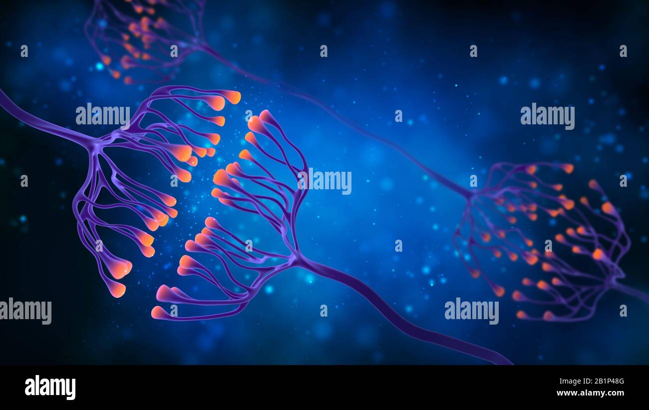 Les cellules Synapse et Neuronone envoient des signaux chimiques électriques. Illustration de la synapse numérique sur fond bleu. 3 D illustration . Banque D'Images