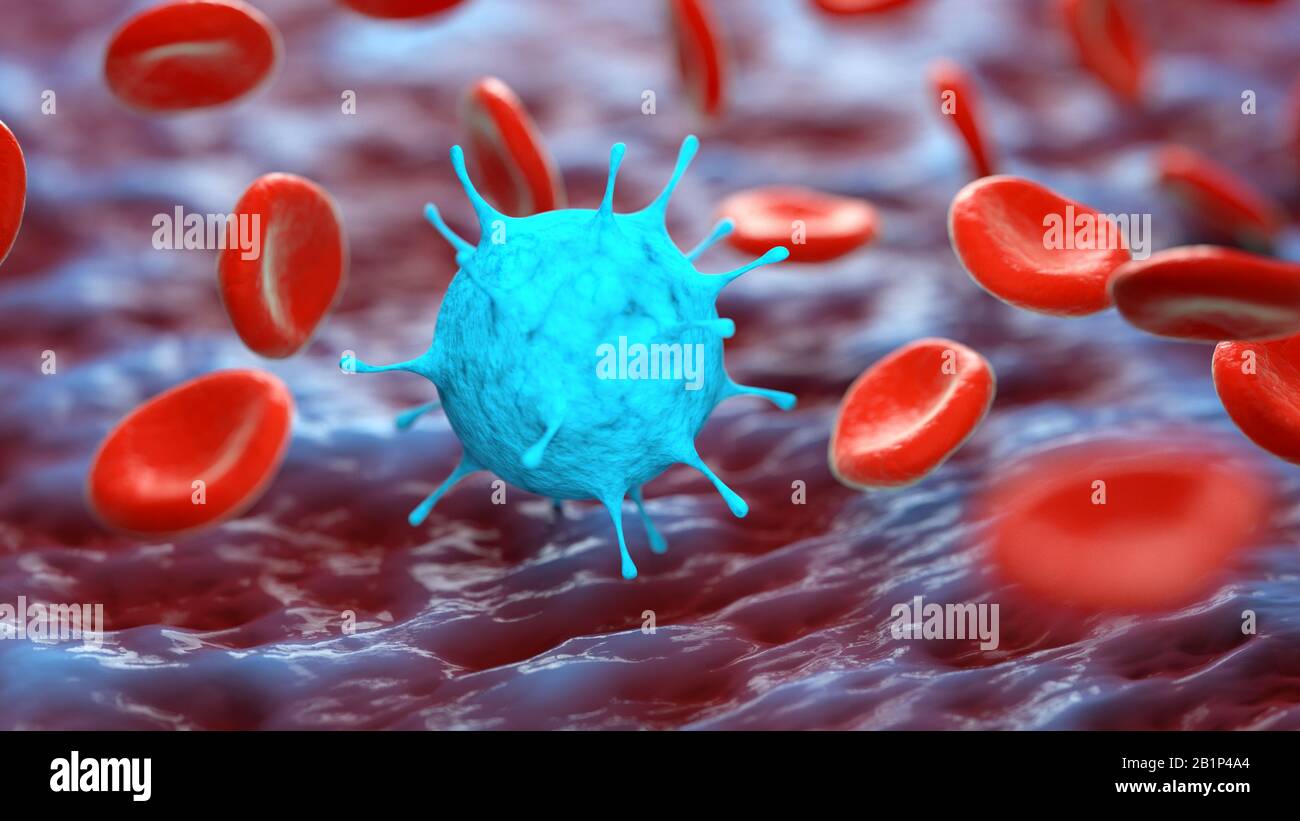 Illustration tridimensionnelle d'un virus dans le système sanguin. Épidémie de maladie virale, infection, image conceptuelle. Banque D'Images