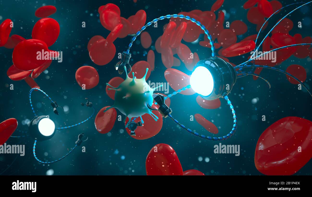 Concept médical dans le domaine de la nanotechnologie. un nanobot étudie ou tue un virus. 3 d illustration. Nanoparticules dans le sang. Utilisation de la nanotechnologie dans Banque D'Images