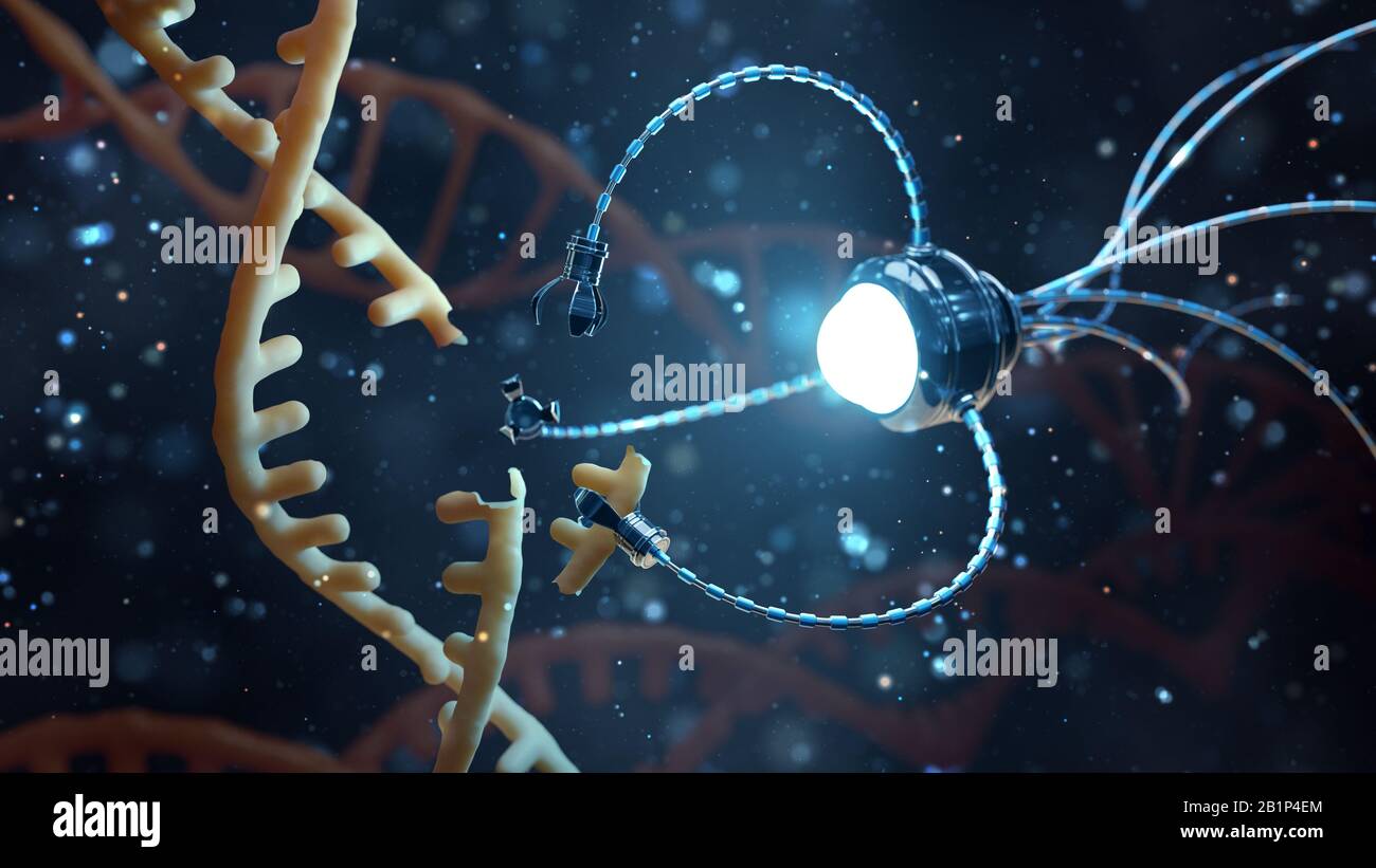 Concept médical dans le domaine de la nanotechnologie. Génie génétique et utilisation de nanobots pour remplacer une partie de la molécule d'ADN. Illustration 3D. Banque D'Images
