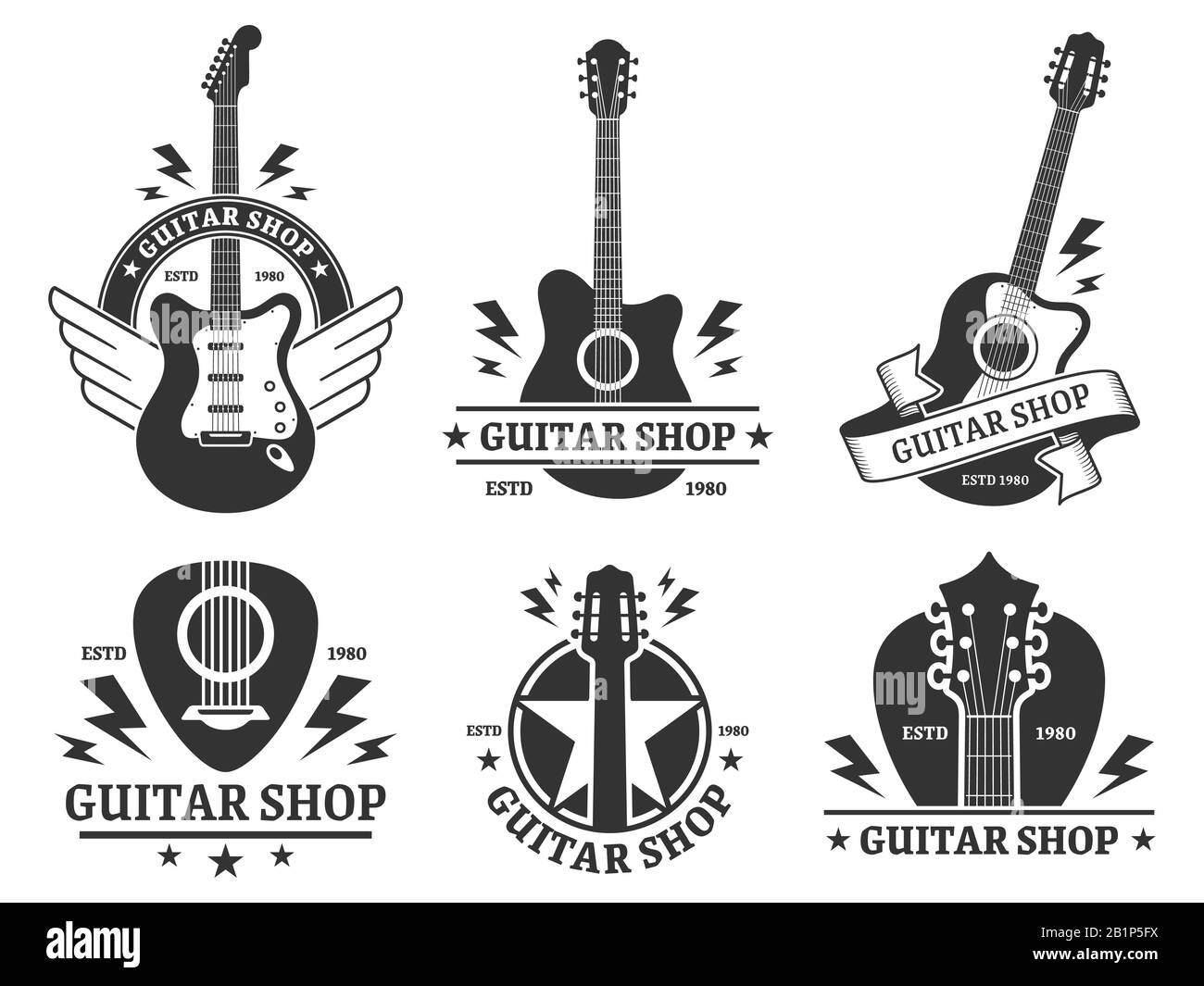 Badges de magasins de guitare. L'emblème de la boutique de guitares personnalisées, le titre de guitare et les instruments de musique stockent l'ensemble d'illustrations vectorielles de badge. Société musicale monochrome Illustration de Vecteur