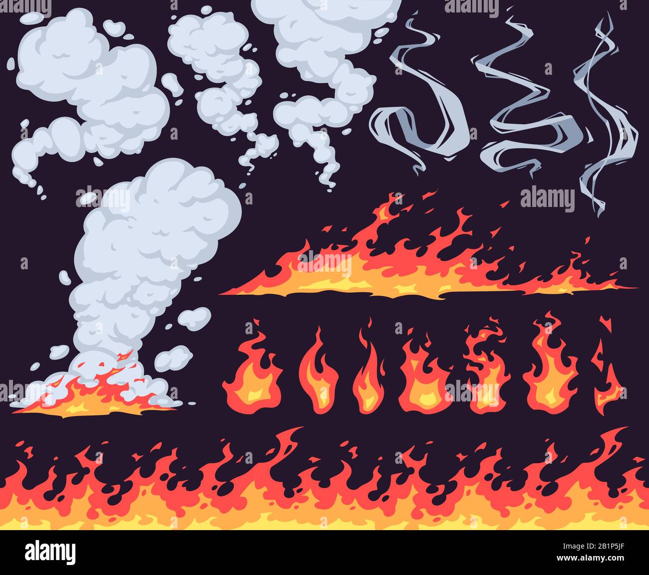 Feu de dessin animé et fumée. Feu lumineux, flammes vives et nuages de fumée sont des vecteurs d'effet. Feu de forêt dangereux, phénomène naturel isolé Illustration de Vecteur