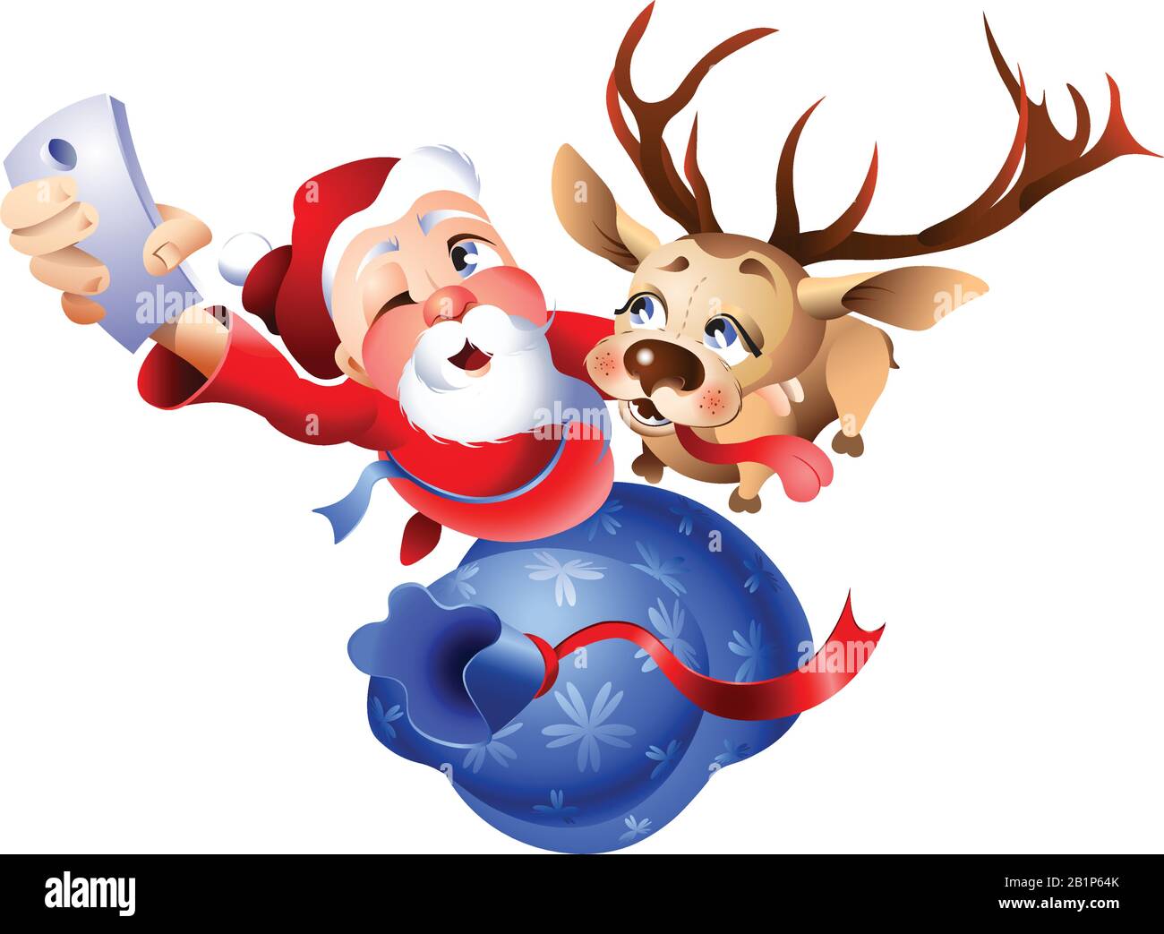 Le Père Noël et le renne se préparer pour Noël. Ils font un selfi avec un sac de cadeaux. Illustration isolée sur fond blanc. Illustration de Vecteur