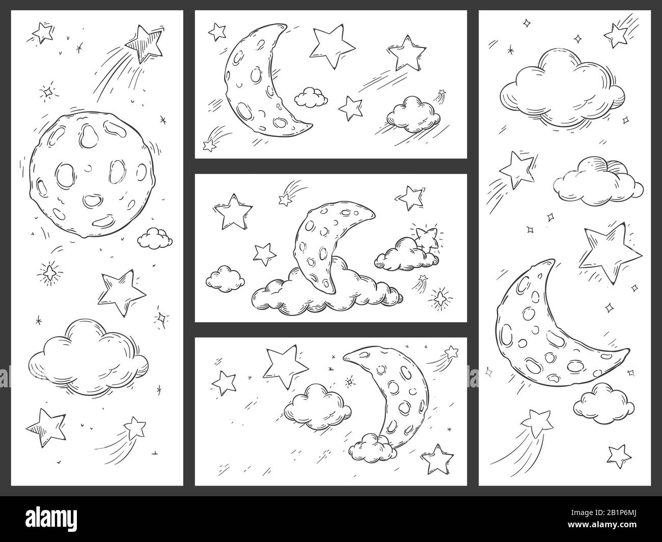 Esquissez le ciel de nuit avec la lune. La lune dessinée à la main, les étoiles de nuit et le rêve de caniche sommeil nuages illustration vectorielle ensemble. Croissant dans le ciel étoilé et tournage Illustration de Vecteur