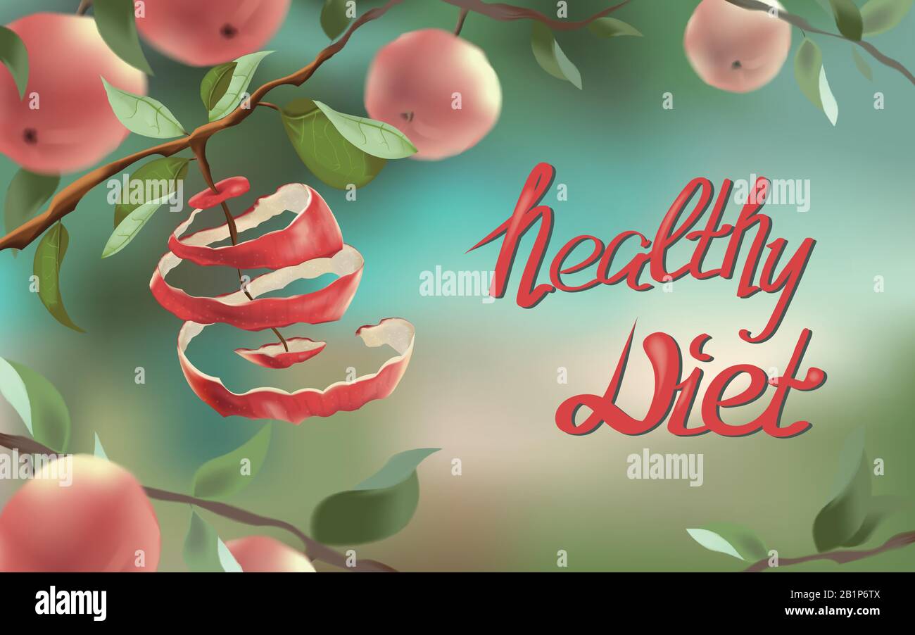 L'illustration montre une pomme rouge qui a été coupée en spirale. C'est un symbole de perte de poids, de régime alimentaire, de saine alimentation, de végétarisme. Une pomme se bloque Illustration de Vecteur