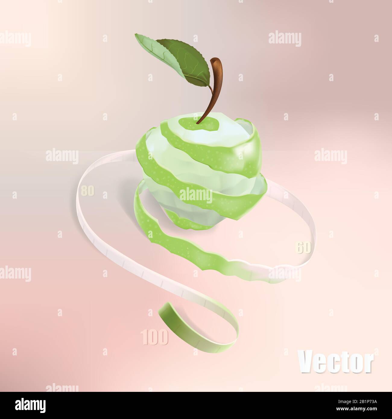 L'illustration montre une pomme verte, qui a été coupée en spirale. La spirale passe dans le ruban de mesure. C'est un symbole de perte de poids, de régime, de hea Illustration de Vecteur