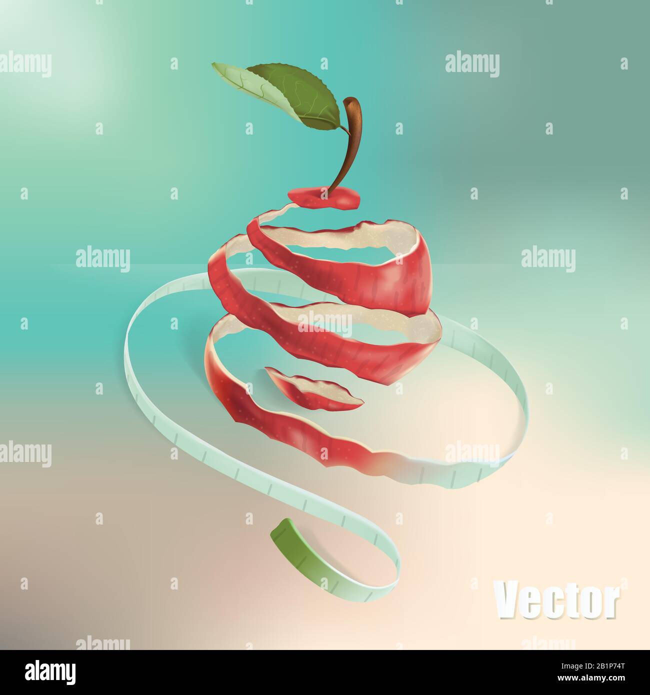 L'illustration montre une pomme rouge qui a été coupée en spirale. La spirale passe dans le ruban de mesure. C'est un symbole de perte de poids, de régime alimentaire, d'héAlt Illustration de Vecteur