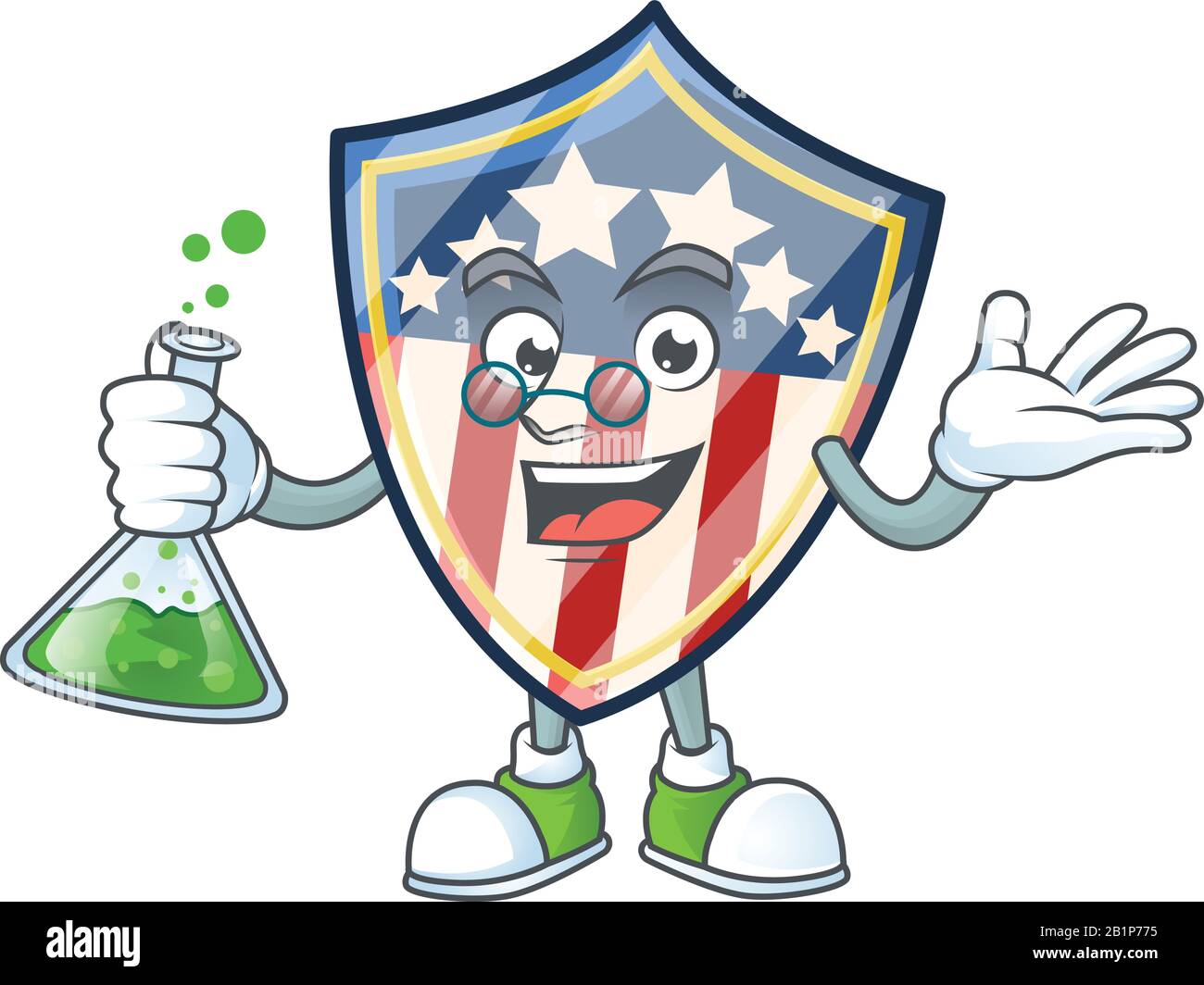 Un professeur de génie de bouclier vintage badges de dessin animé des États-Unis personnage avec tube en verre Illustration de Vecteur