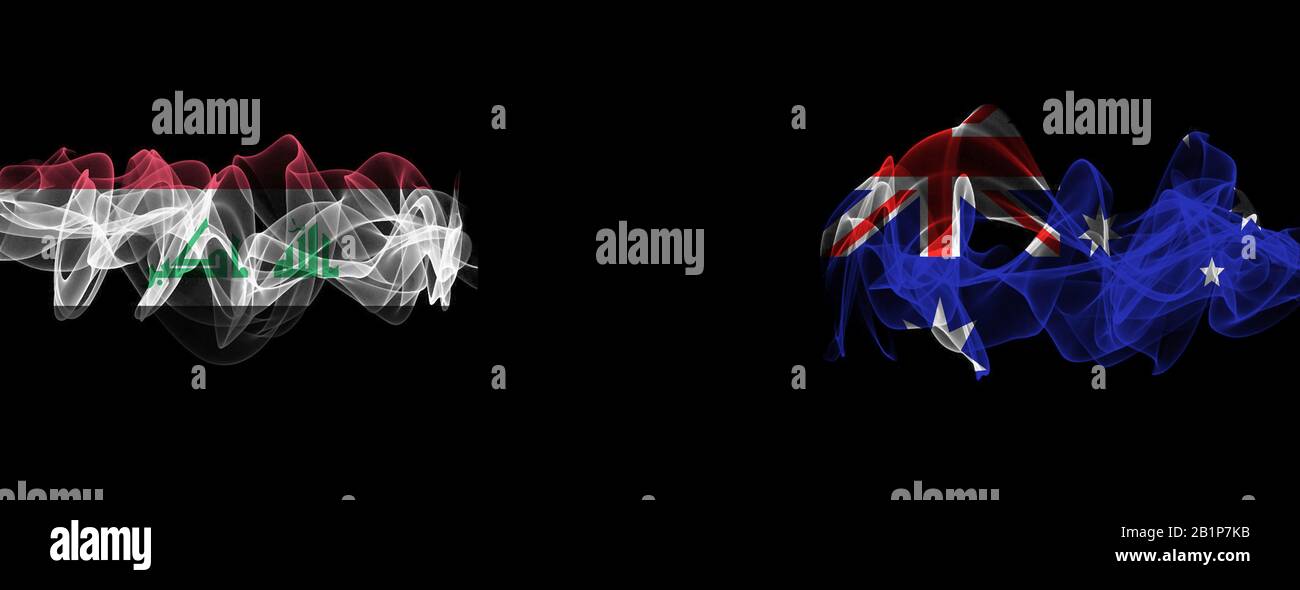 Drapeaux de l'Irak et de l'Australie sur fond noir, l'Irak contre l'Australie Smoke Flags Banque D'Images
